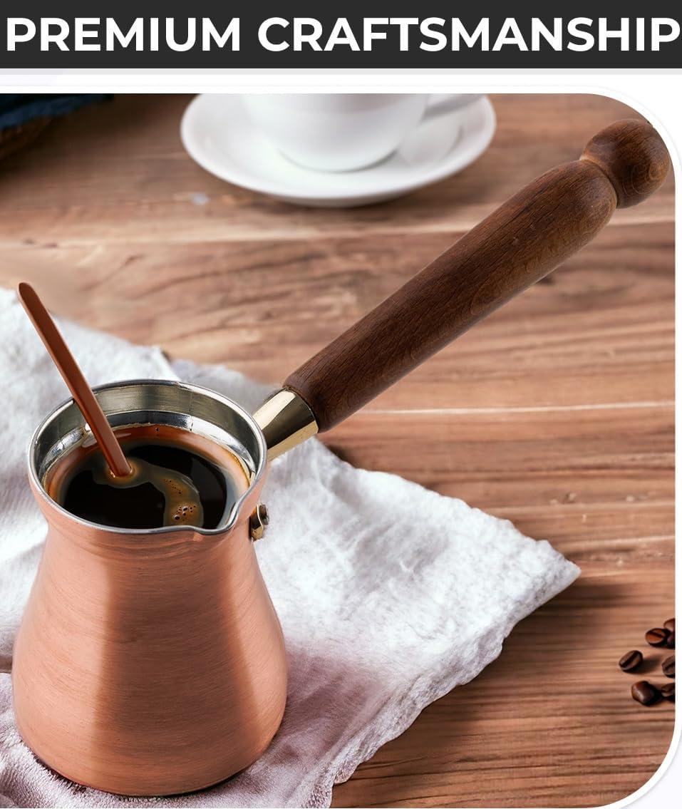 DEMMEX Solid Brushed Copper Turkish Coffee Pot, Cezve Ibrik Briki, Stovetop Greek Arabic Coffee Maker, Copper & Wooden Handle & Tin Lining, 100% Handcrafted (Copper, 240ml/2-3ppl)