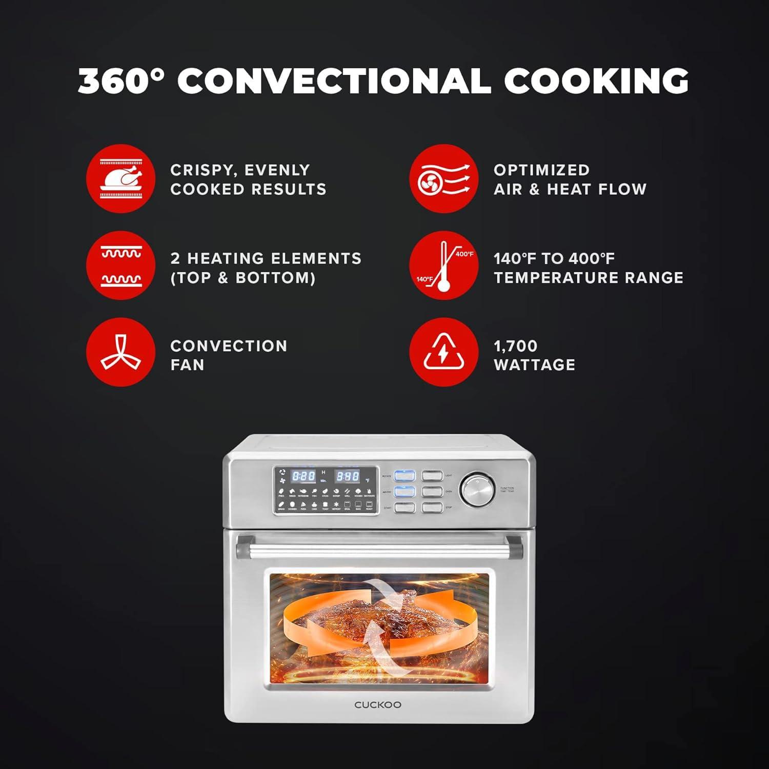 Cuckoo Electronics CUCKOO Air Oven | 18 Preset Modes, 360 Convectional Cooking, Premium Interior & Exterior, All accessories included Black/Stainless Steel CAFO-A2601S