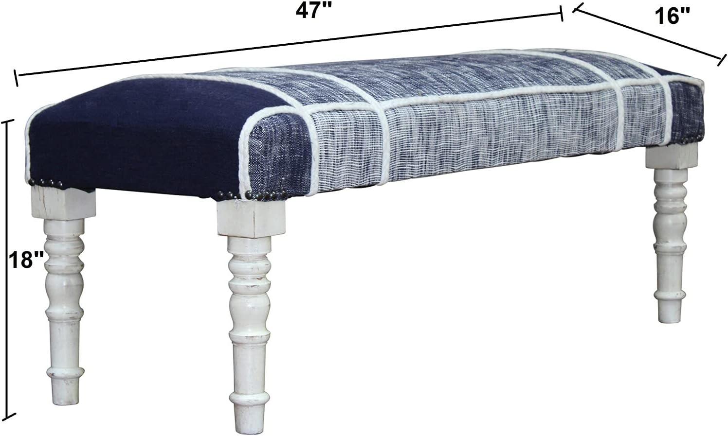 LR Home Farmhouse Cotton Upholstered Indoor Accent Bench, Blue