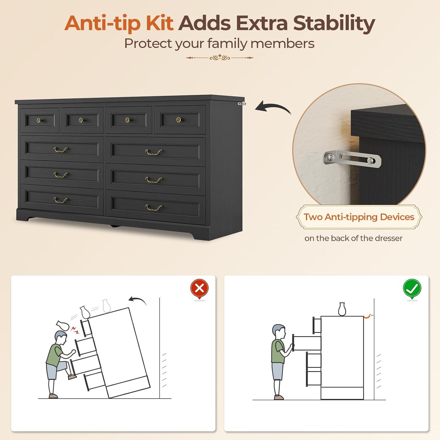 Winston Porter Farmhouse Dresser With 10 Drawers For Bedroom, Wide Dresser Chest Of Drawers, Rustic Wood Storage Dresser With Deep Drawers And Vintage Handle, Large Dresser For Bedroom, Closet, Hallway