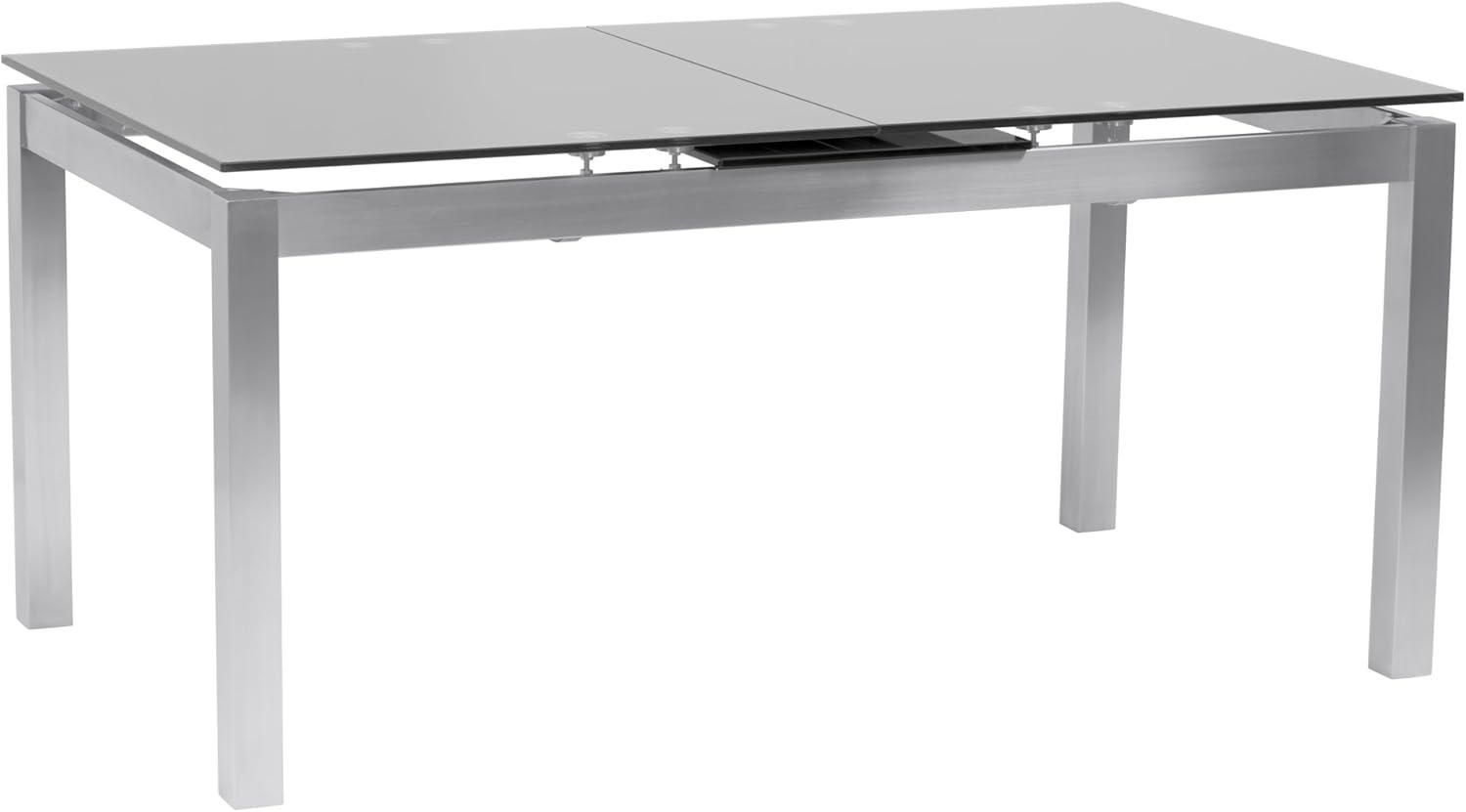 Armen Living IvanExtendable Dining Table in Brushed Stainless Steel and Gray Tempered Glass Top: Modern Self-Storing Leaf, Seats 6