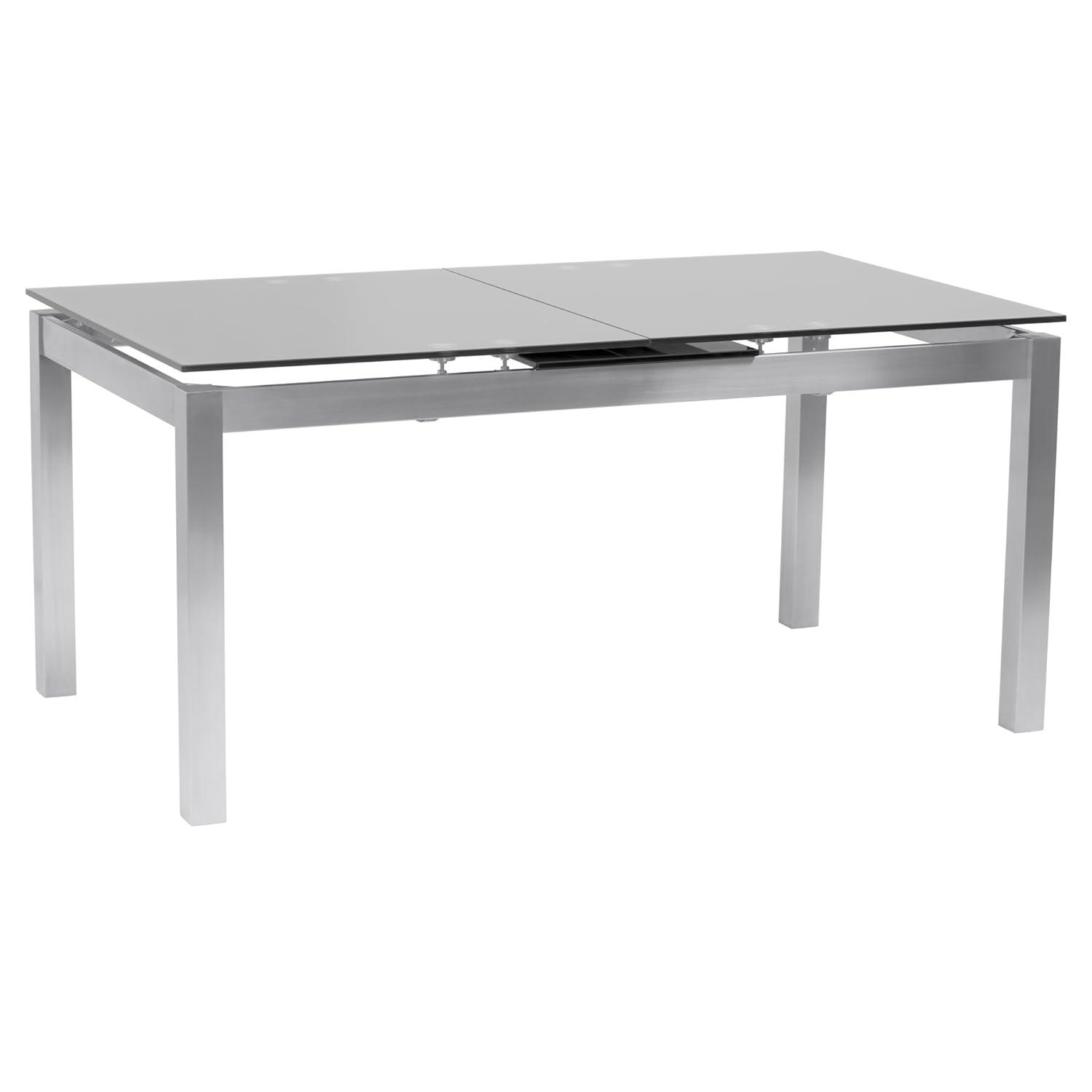 Armen Living IvanExtendable Dining Table in Brushed Stainless Steel and Gray Tempered Glass Top: Modern Self-Storing Leaf, Seats 6