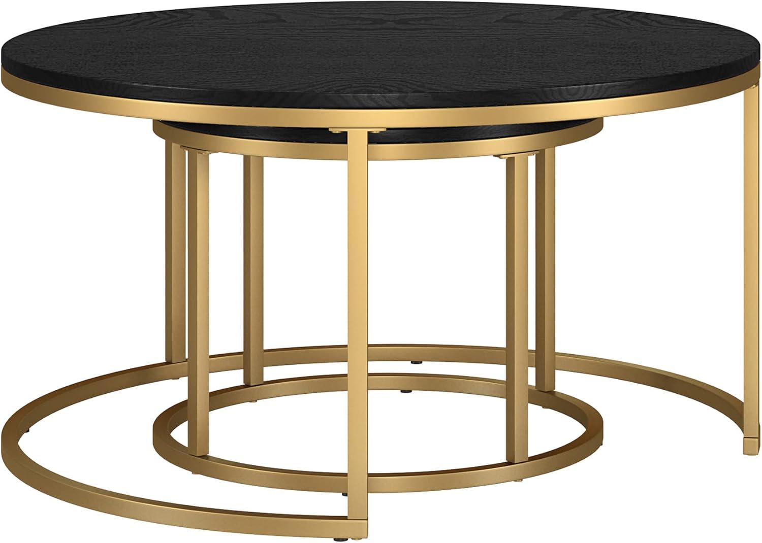 Evelyn&Zoe Watson Round Nested Coffee Table with MDF Top, Gold/Black Grain