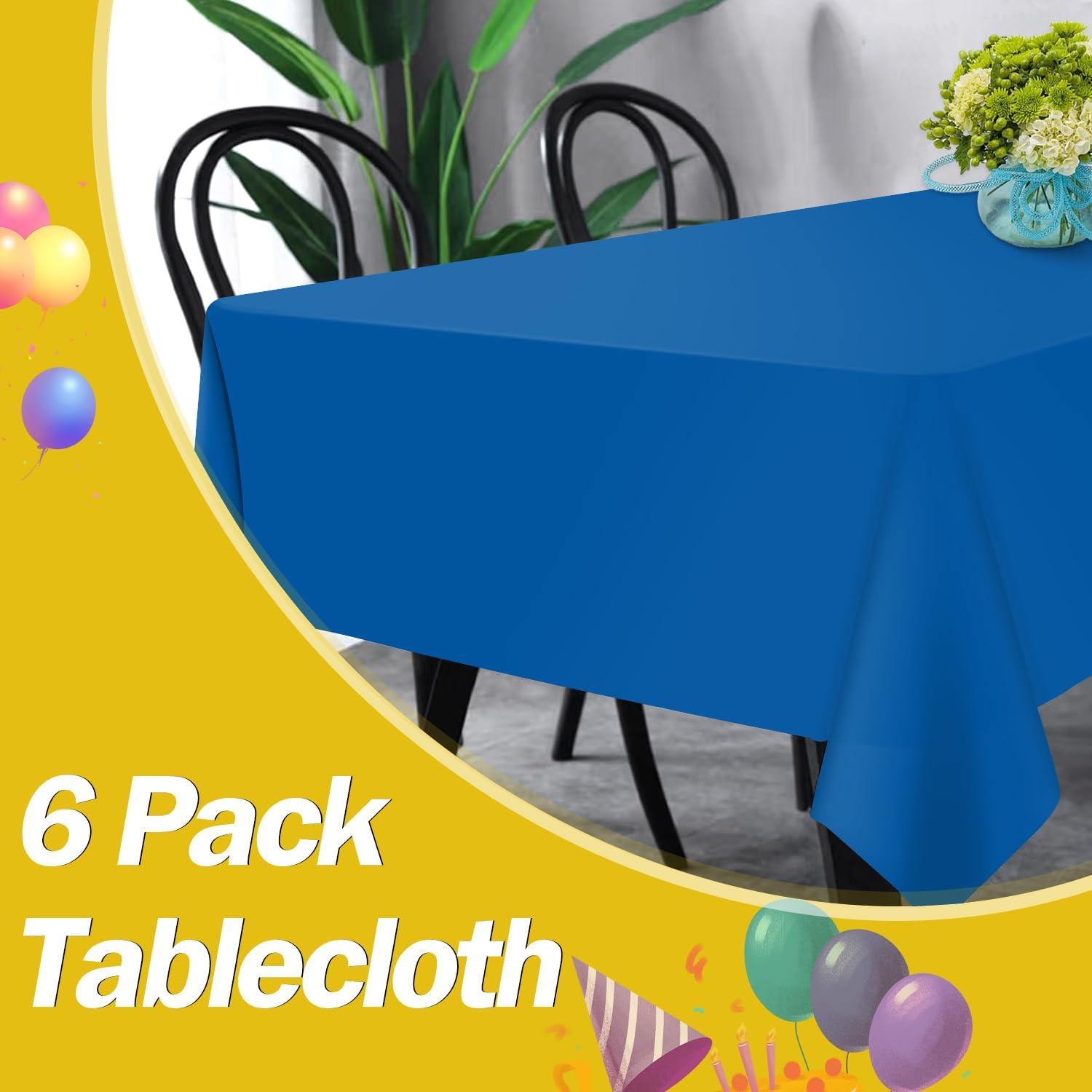 6 Pack Plastic Royal Blue Tablecloth for Parties, Rectangular Table Decorations, 54 x 108 Inches, Disposable Table Cover for Birthday, Graduation Party Supplies