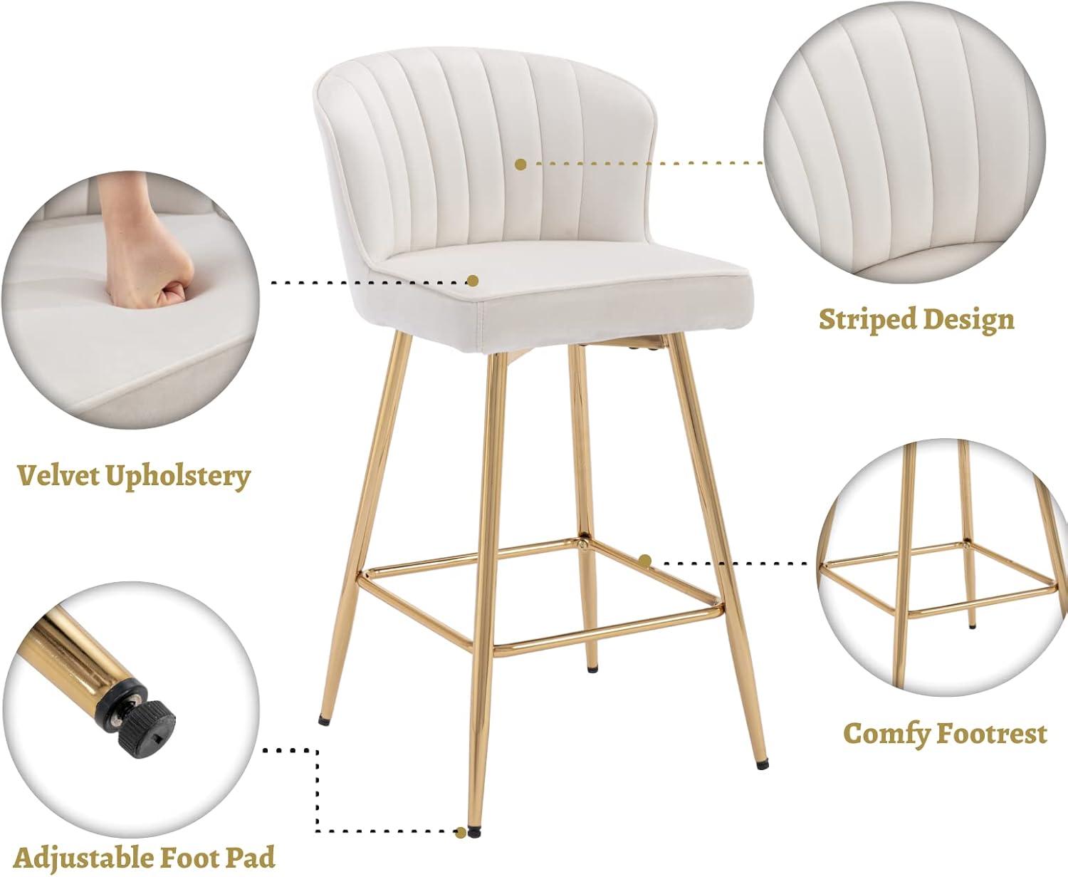 Counter Height Stools Set of 2, Velvet Bar Stools with 27 Inches Upholstered Seat Height, Handmade Woven Back Armrest, Sturdy Golden Metal Legs for Home Dining Pub Kitchen Island, Beige