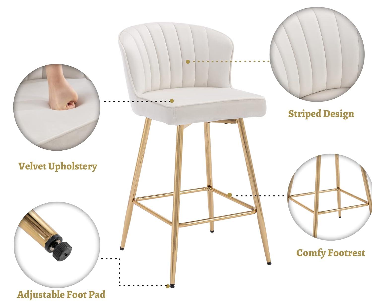 Counter Height Stools Set of 2, Velvet Bar Stools with 27 Inches Upholstered Seat Height, Handmade Woven Back Armrest, Sturdy Golden Metal Legs for Home Dining Pub Kitchen Island, Beige