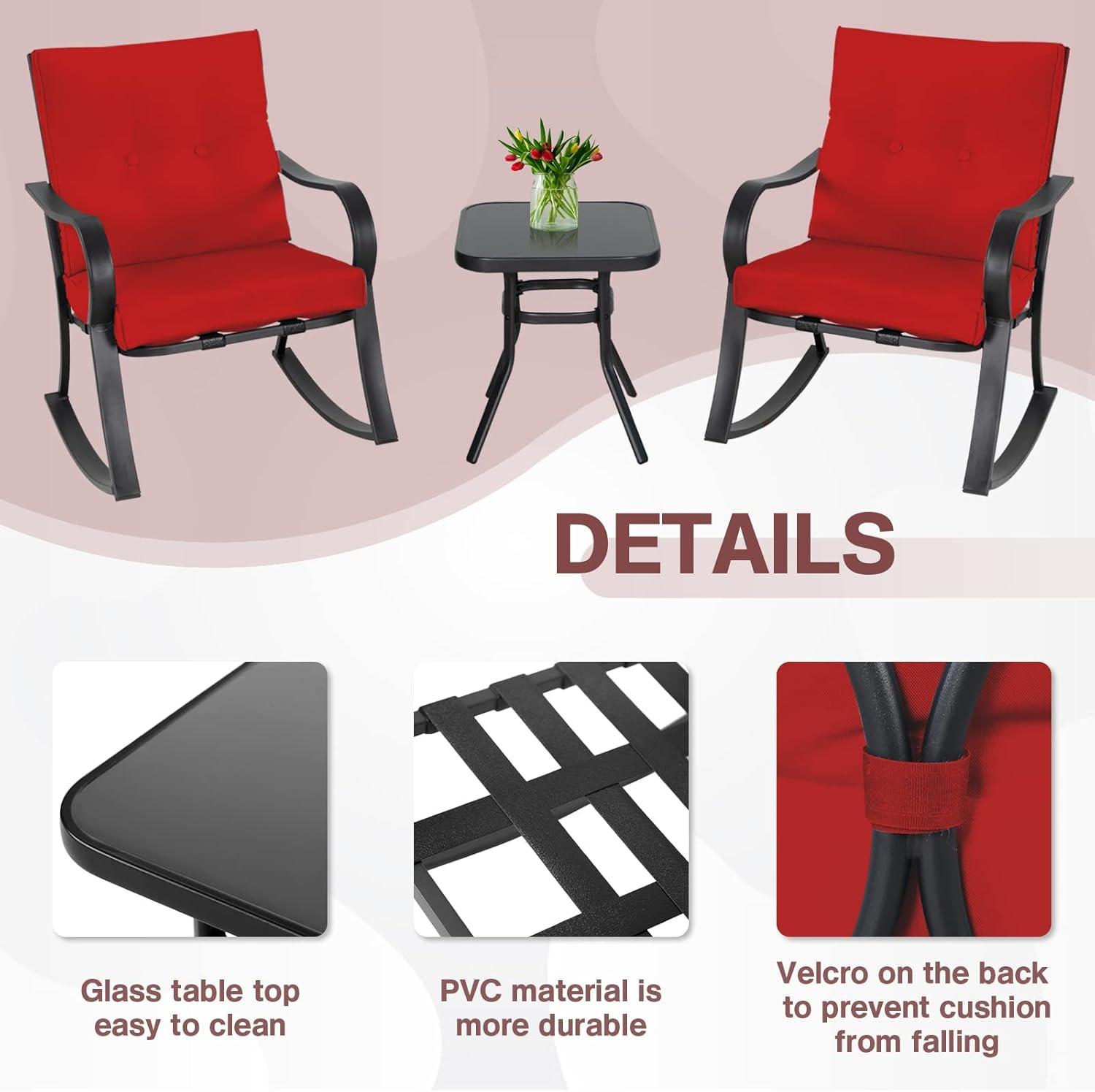 Outdoor 3-Piece Rocking Chairs, Patio Bistro Furniture Set, 2 Black Steel Rocking Chairs with Cushion and Glass Top Coffee Table (Red)