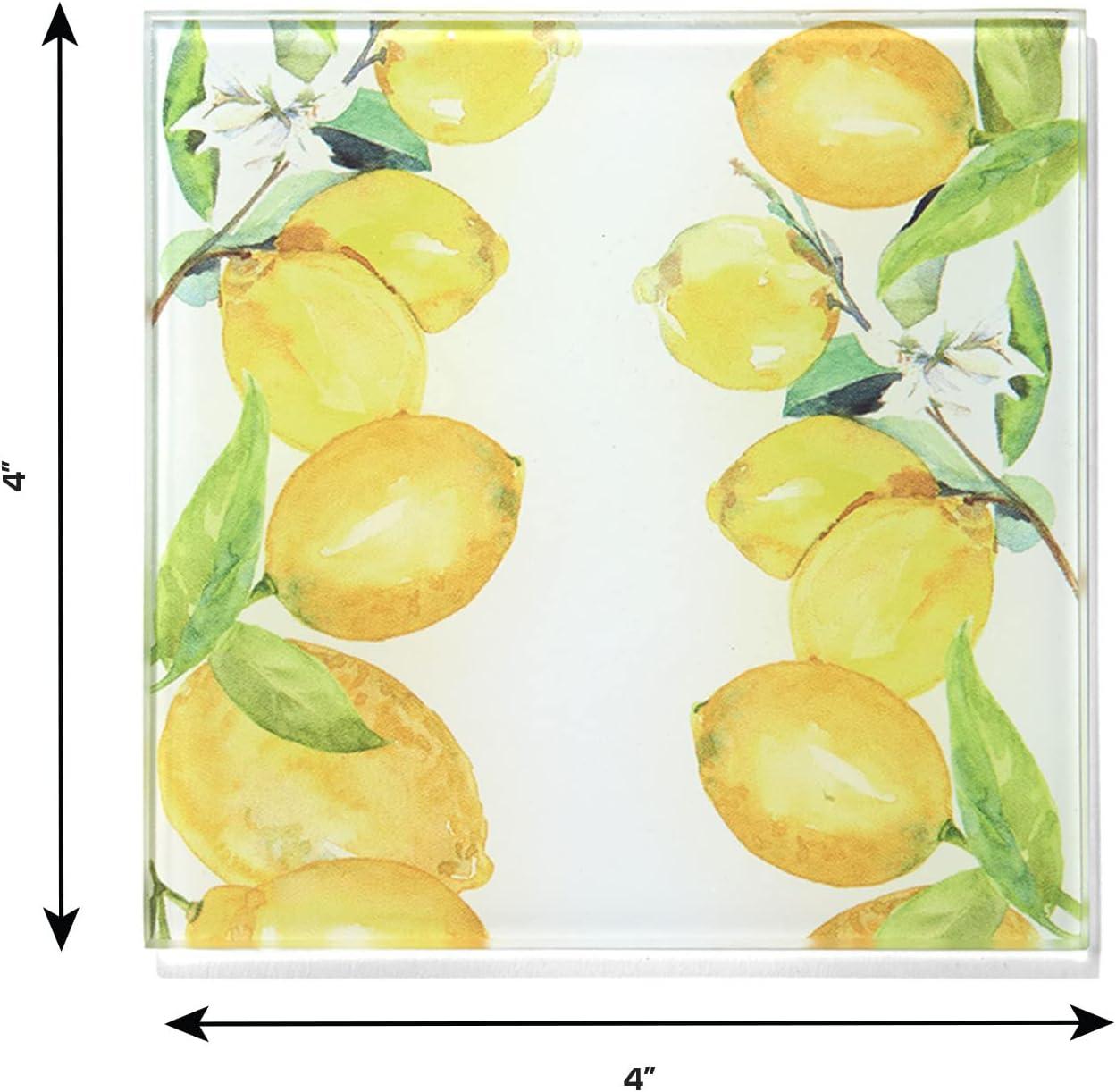 American Atelier, Square, Yellow Glass Drink Coasters (Lemon Branches), Set of 4