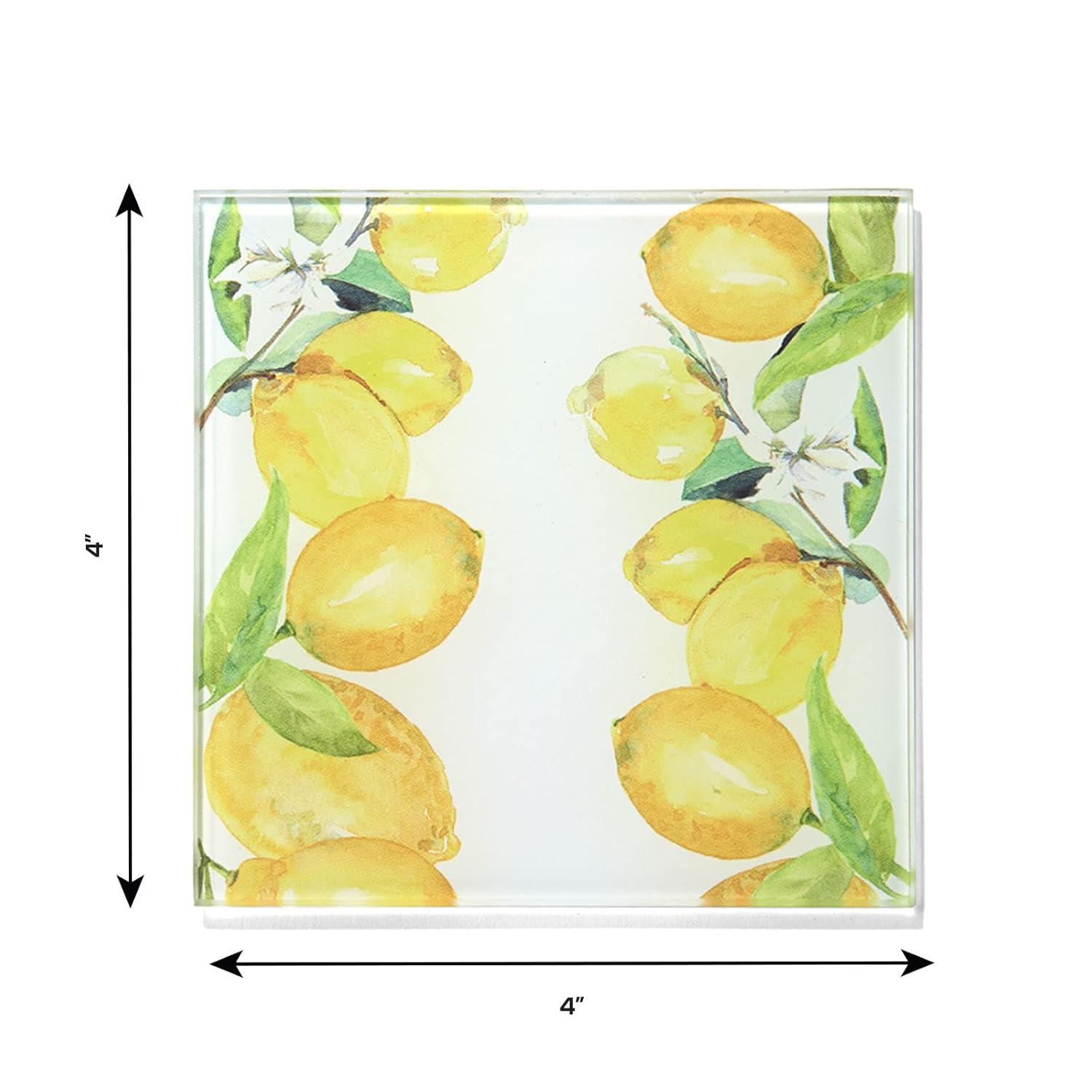 American Atelier, Square, Yellow Glass Drink Coasters (Lemon Branches), Set of 4