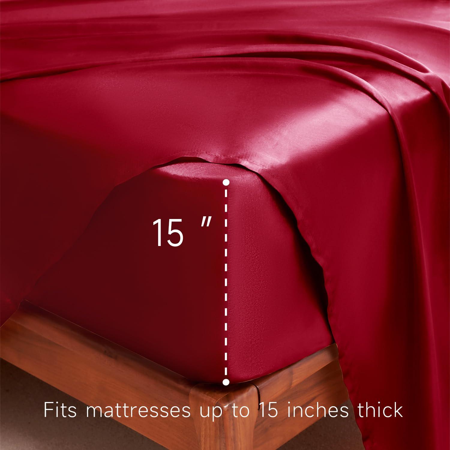Cloud Fino Luxurious Satin Bed Sheets Burgundy Silk Sheets King 15 " Deep Pocket Pillowcases Sheet, 4-Piece
