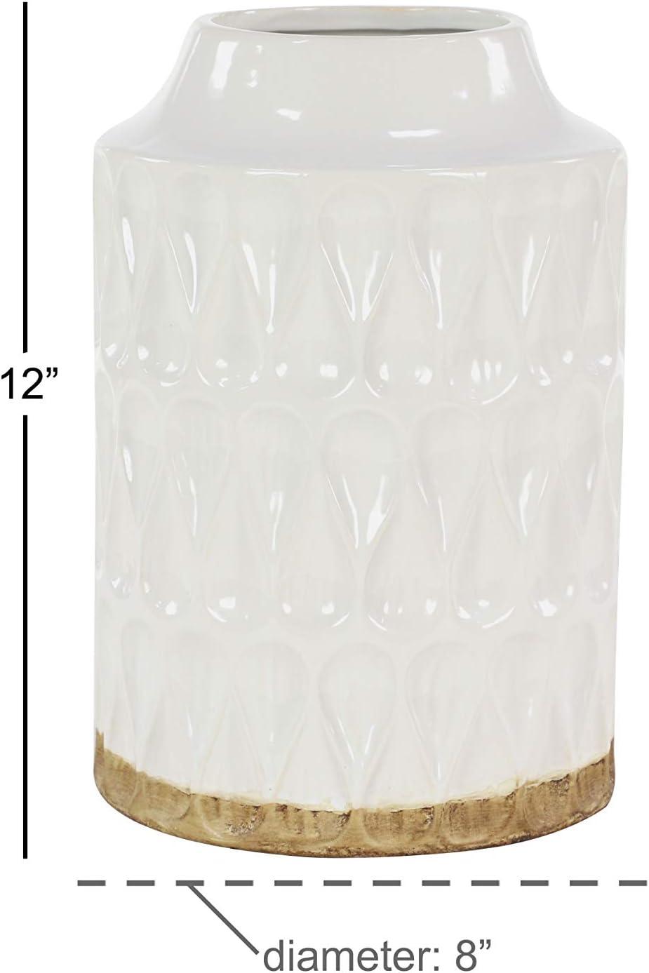 DecMode 12" Geometric White Porcelain Vase with Brown Base