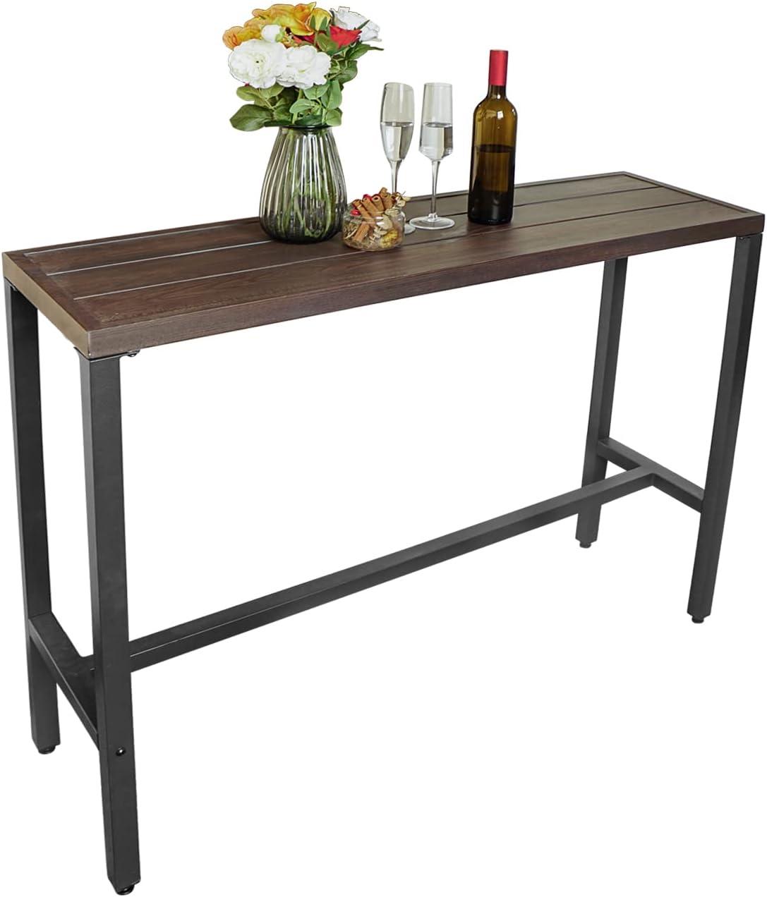 Black Metal Frame Rectangular Counter Height Patio Table with Wood-Like Top