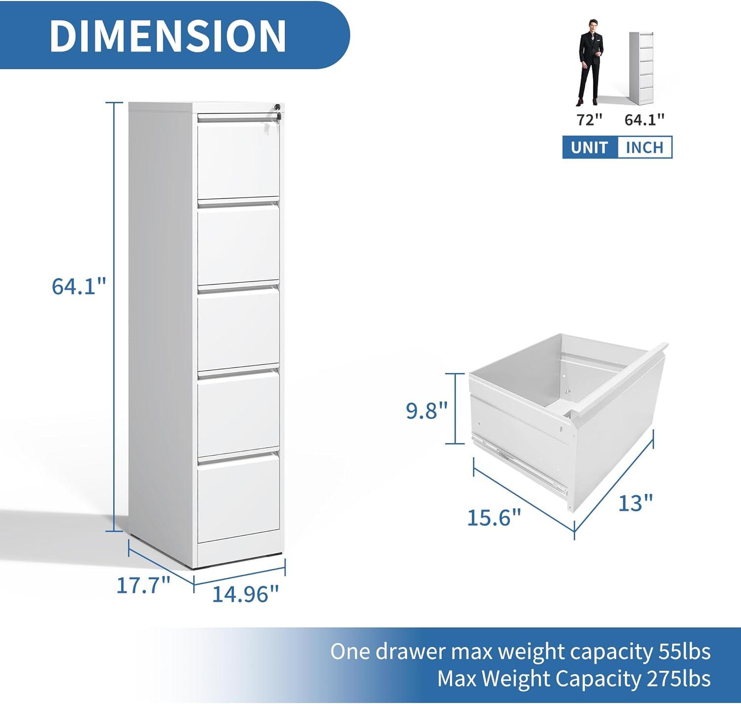 White Vertical 5-Drawer Lockable Metal Filing Cabinet