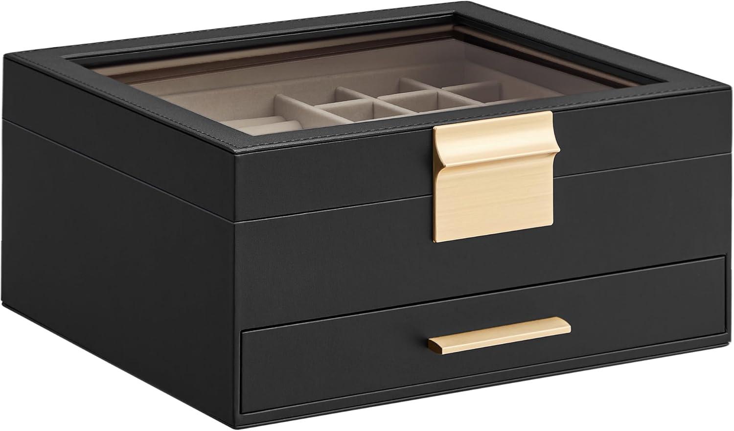 Graphite Black and Gold Velvet Jewelry Box with Glass Lid