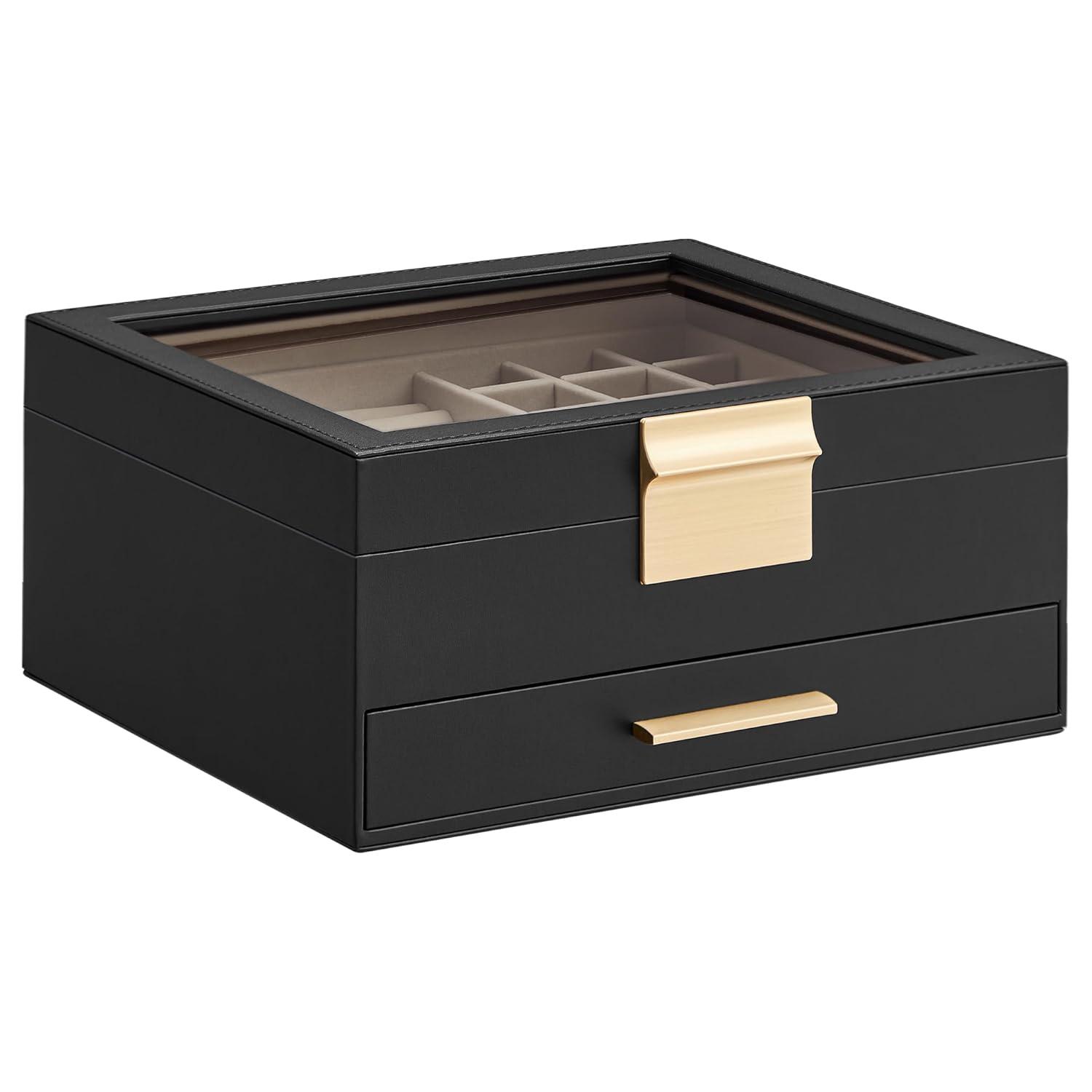 Graphite Black and Gold Velvet Jewelry Box with Glass Lid