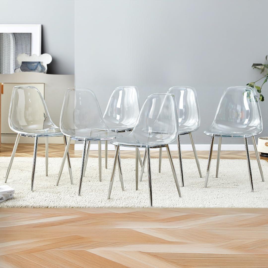 Dining Room Seating Modern minimalist transparent dining chair, plastic chair, armless crystal chair, Nordic creative makeup stool, negotiation chair, silver plated metal leg 6-piece set, TW-1200,Kit