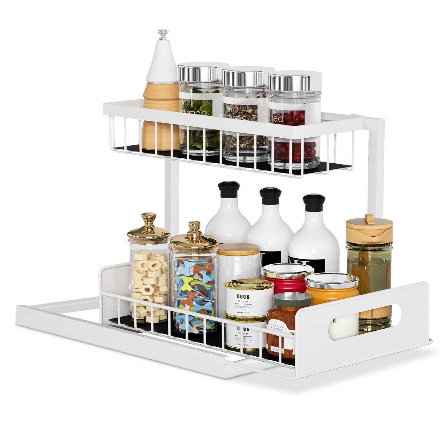 2-Tier Under Sink Slide Out Organizer, Pull Out Cabinet Storage Shelf with Sliding Wire Basket Drawer for Bathroom Kitchen, Countertop or Pantry Shelf, White