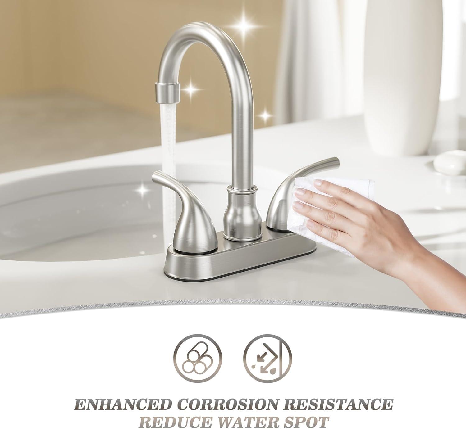 Phiestina Centerset 4 Inch 2 or 3 Holes Brushed Nickel Bathroom Faucet, Vanity Sink Faucet with 360 Swivel Spout, Metal Pop-up Drain and Water Supply Lines, JC180-BN