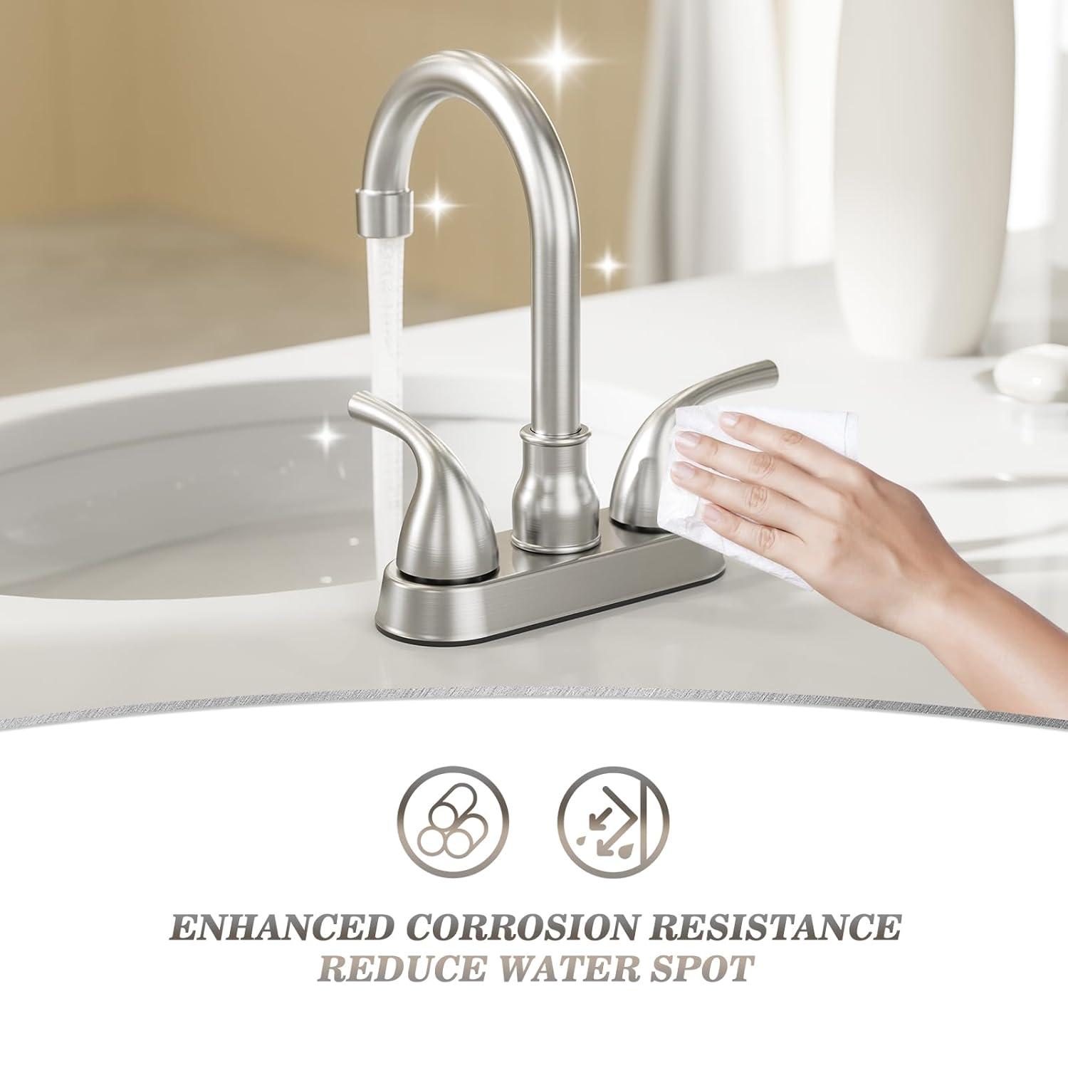 Phiestina Centerset 4 Inch 2 or 3 Holes Brushed Nickel Bathroom Faucet, Vanity Sink Faucet with 360 Swivel Spout, Metal Pop-up Drain and Water Supply Lines, JC180-BN