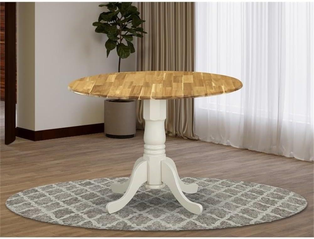 42 in. Dublin Round Acacia Wood Dining Table with Two 9 in. Drop Leaves & Linen White Pedestal