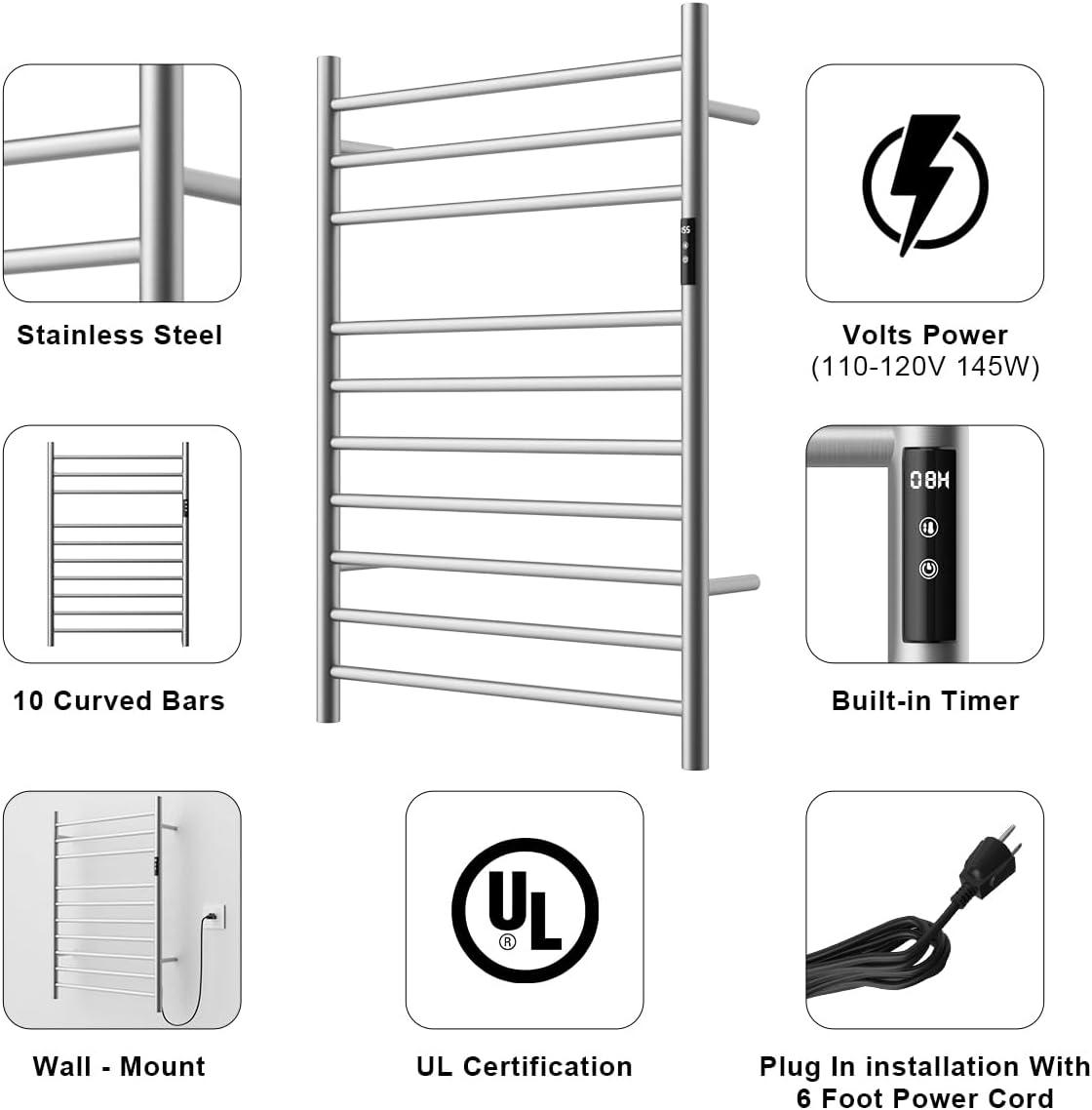 Topcobe 10 Bar Towel Warmer Wall Mounted Electric Heated Towel Rack with Built-in Timer, Bathroom Furniture, Electric Heated Towel Racks for Bathroom, Silver