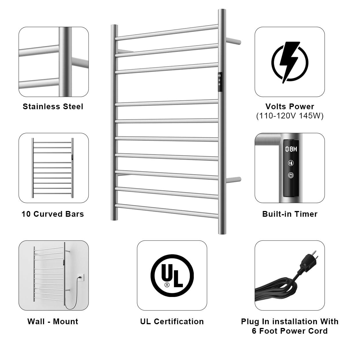 Topcobe 10 Bar Towel Warmer Wall Mounted Electric Heated Towel Rack with Built-in Timer, Bathroom Furniture, Electric Heated Towel Racks for Bathroom, Silver