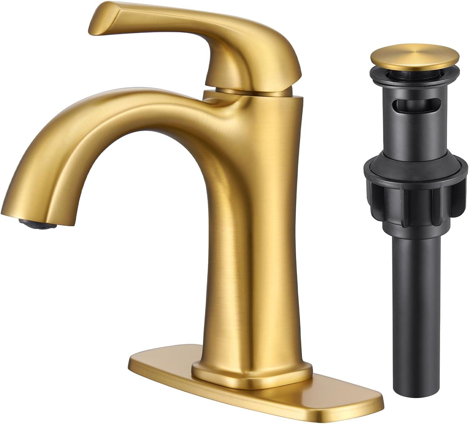 Brushed Gold Single Handle Brass Bathroom Faucet with Drain Kit