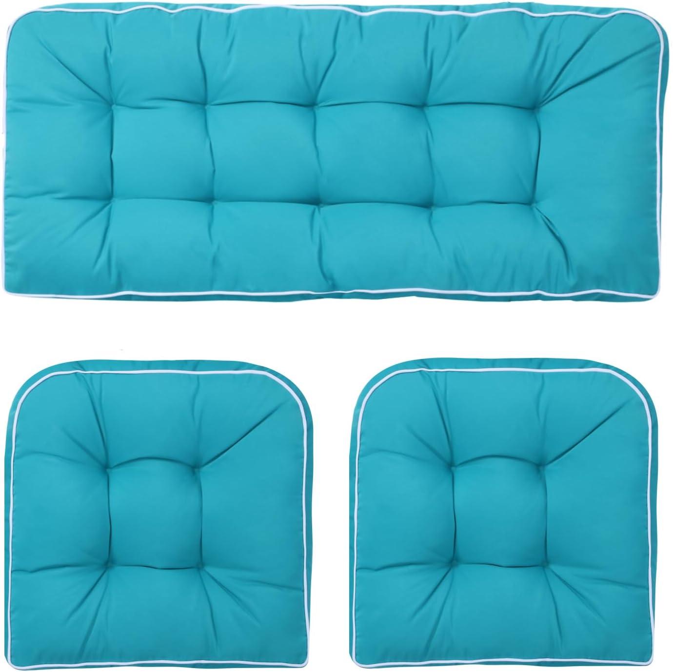 Outdoor 3 Piece Wicker Chair Cushion Set, 1 Loveseat Wicker Settee Cushion & 2 U-Shape Cushion for Patio Bench All Weather