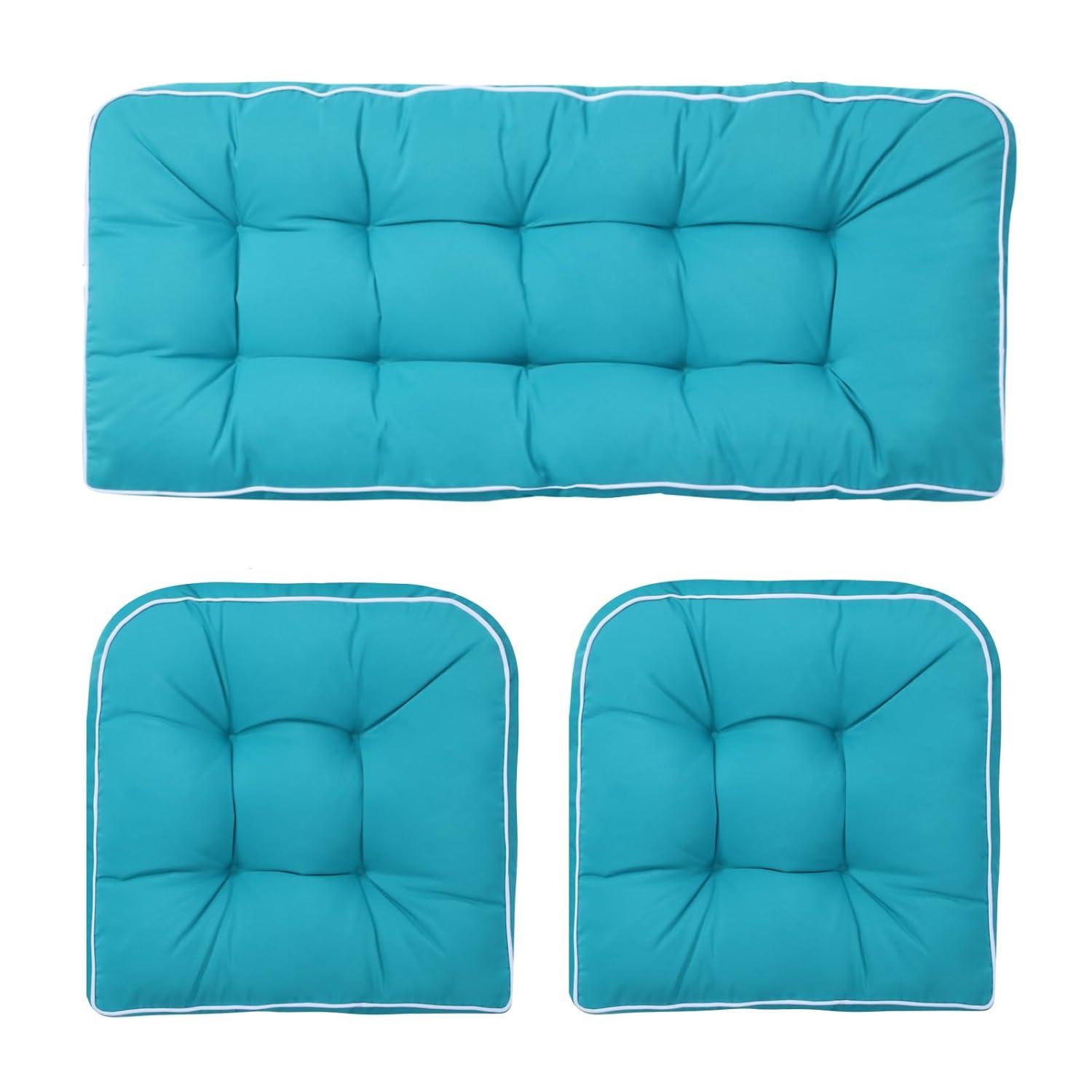 Outdoor 3 Piece Wicker Chair Cushion Set, 1 Loveseat Wicker Settee Cushion & 2 U-Shape Cushion for Patio Bench All Weather