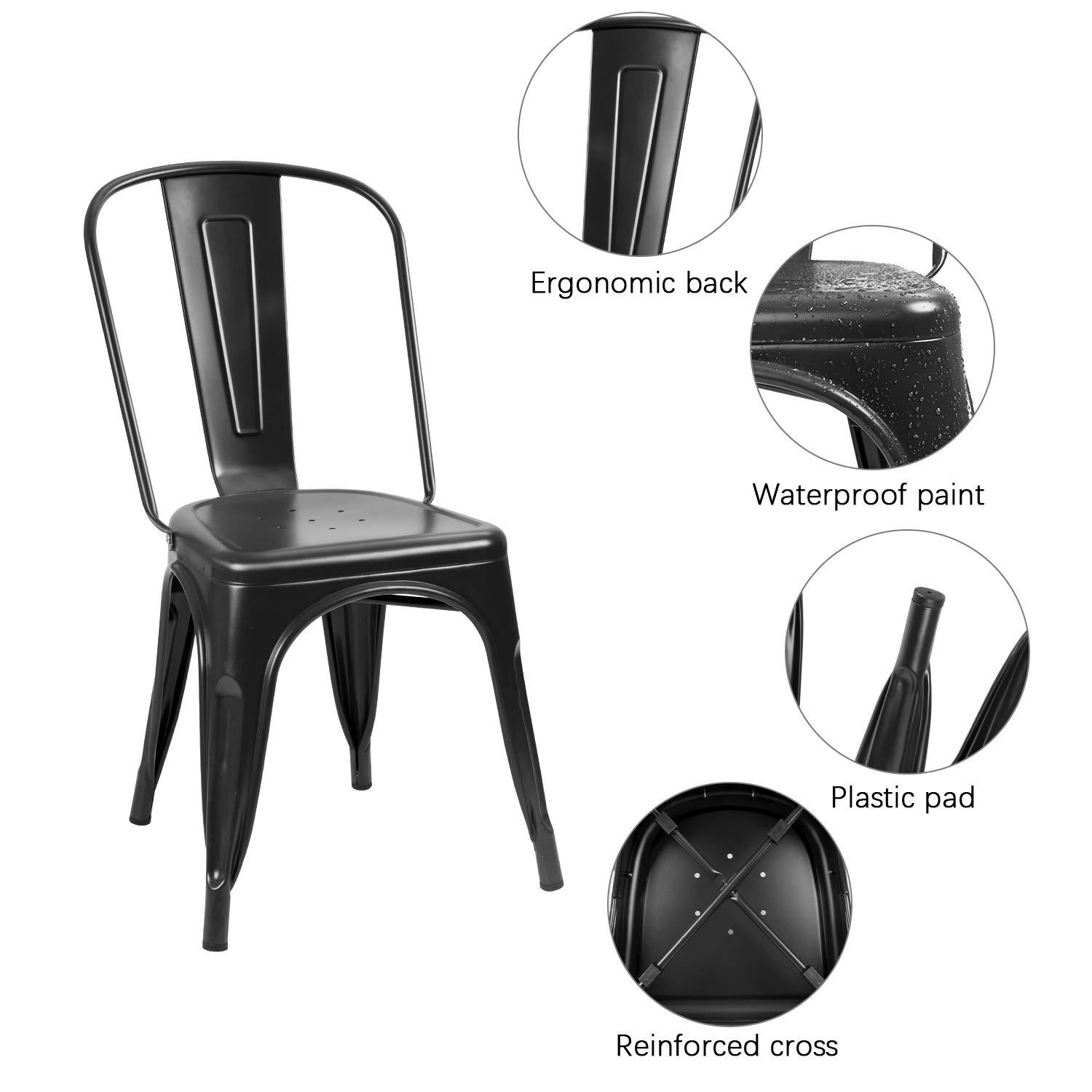 Flamaker Metal Dining Chairs Indoor-Outdoor Use Stackable Side Chairs with Back Industrial Kitchen Classic Trattoria Chair Set of 4 (Black)