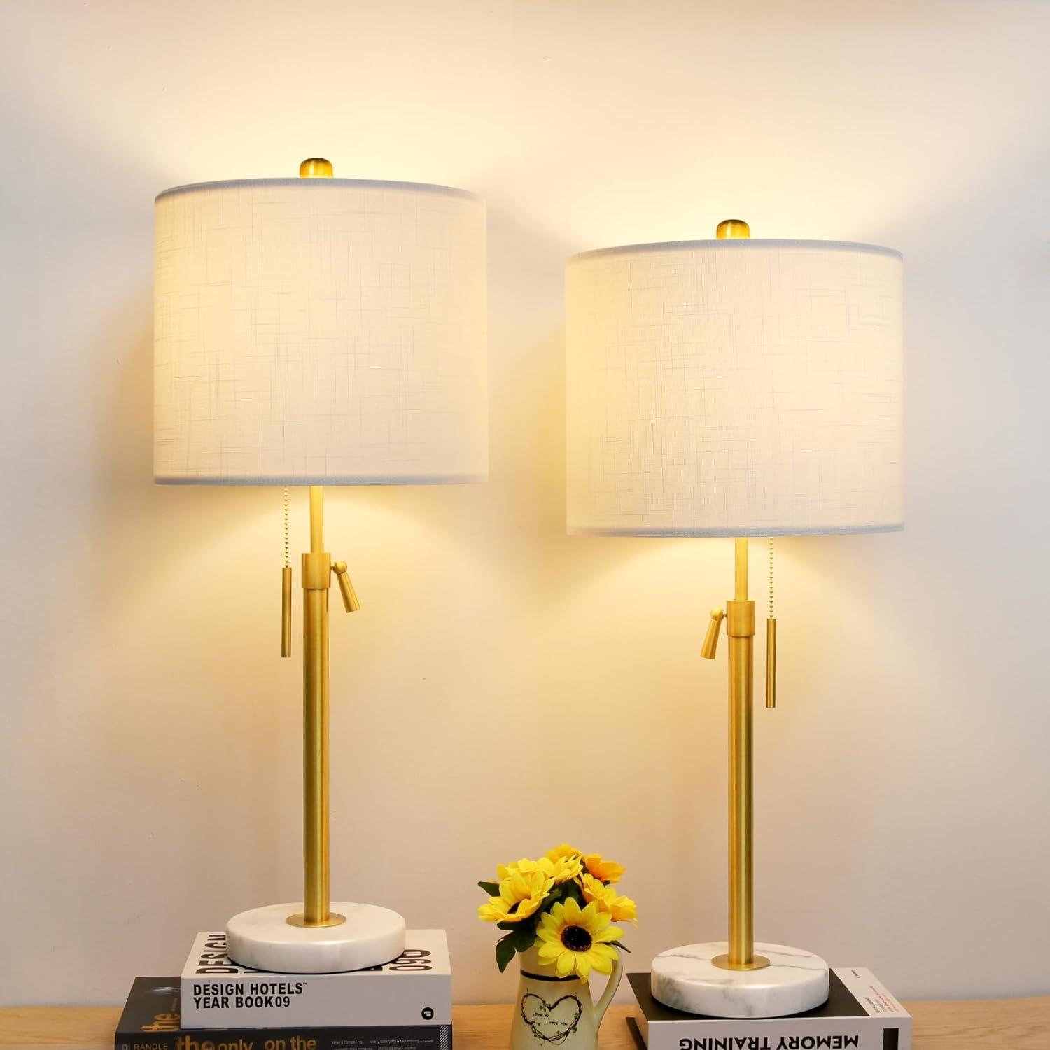 Adjustable Gold and Black Table Lamp Set with Marble Base and Linen Shade