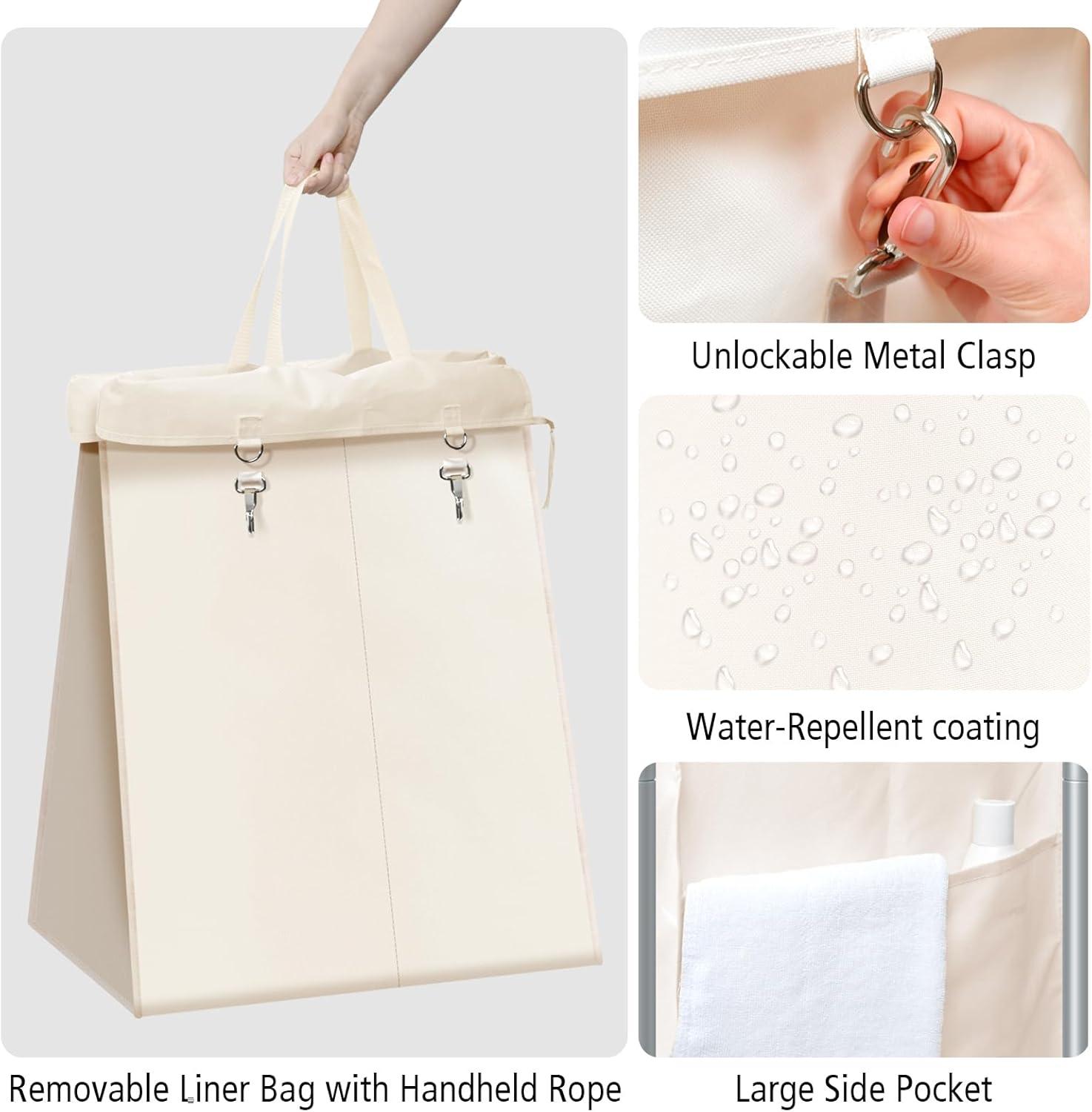 Beige 140L Rolling Laundry Sorter with Steel Frame and Removable Liner