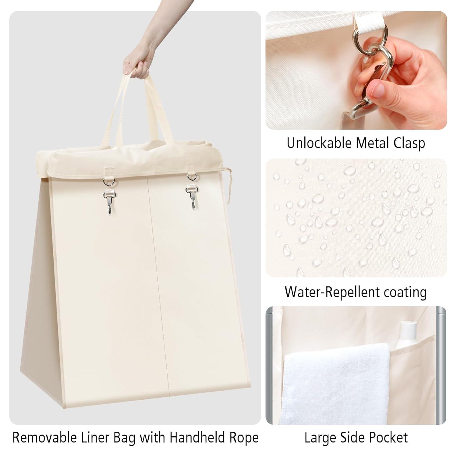 Beige 140L Rolling Laundry Sorter with Steel Frame and Removable Liner