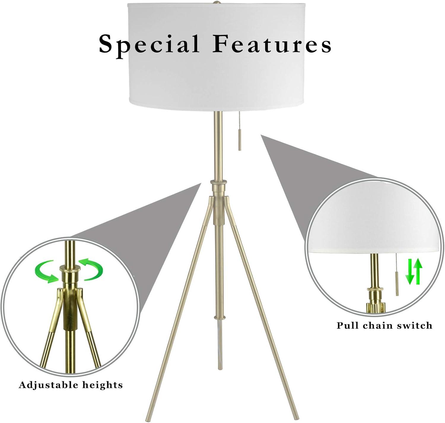 SH Lighting Contemporary Adjustable Matte Gold Tripod Floor Lamp - Features Large Drum Shade and Convenient Foot Switch - 58-72" Tall Great for Living or Bedrooms - Gold