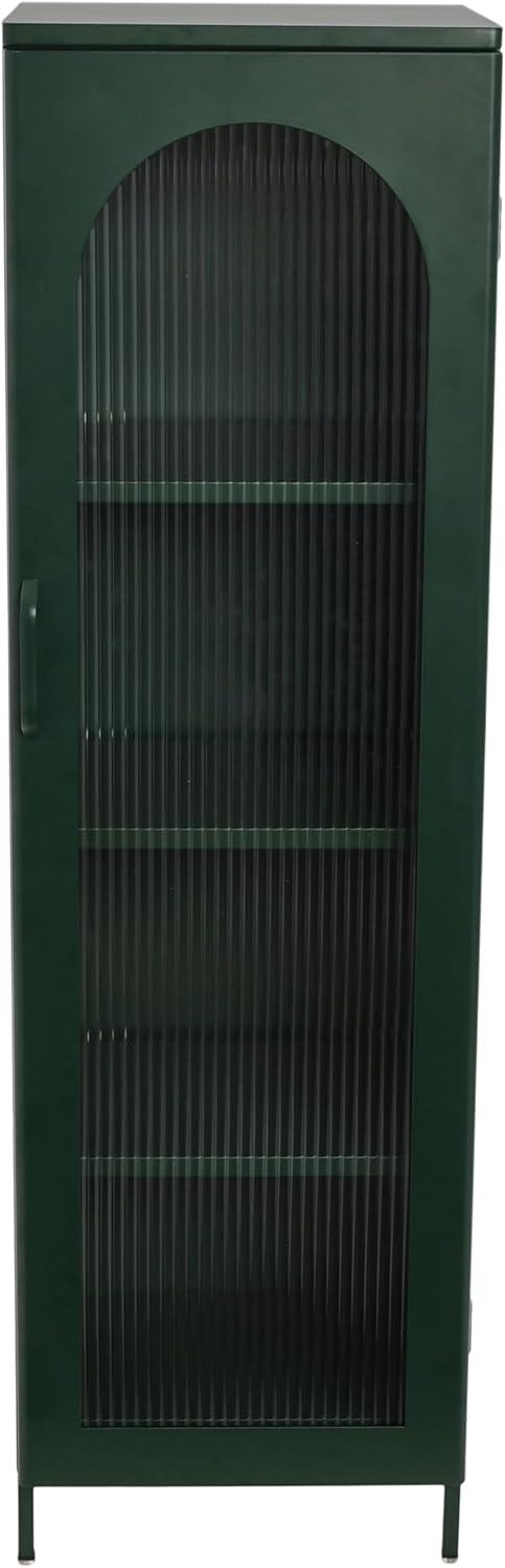 Storied Home Tall Metal Accent Cabinet: Arched Glass, 4 Shelves, Dark Green, 57" H