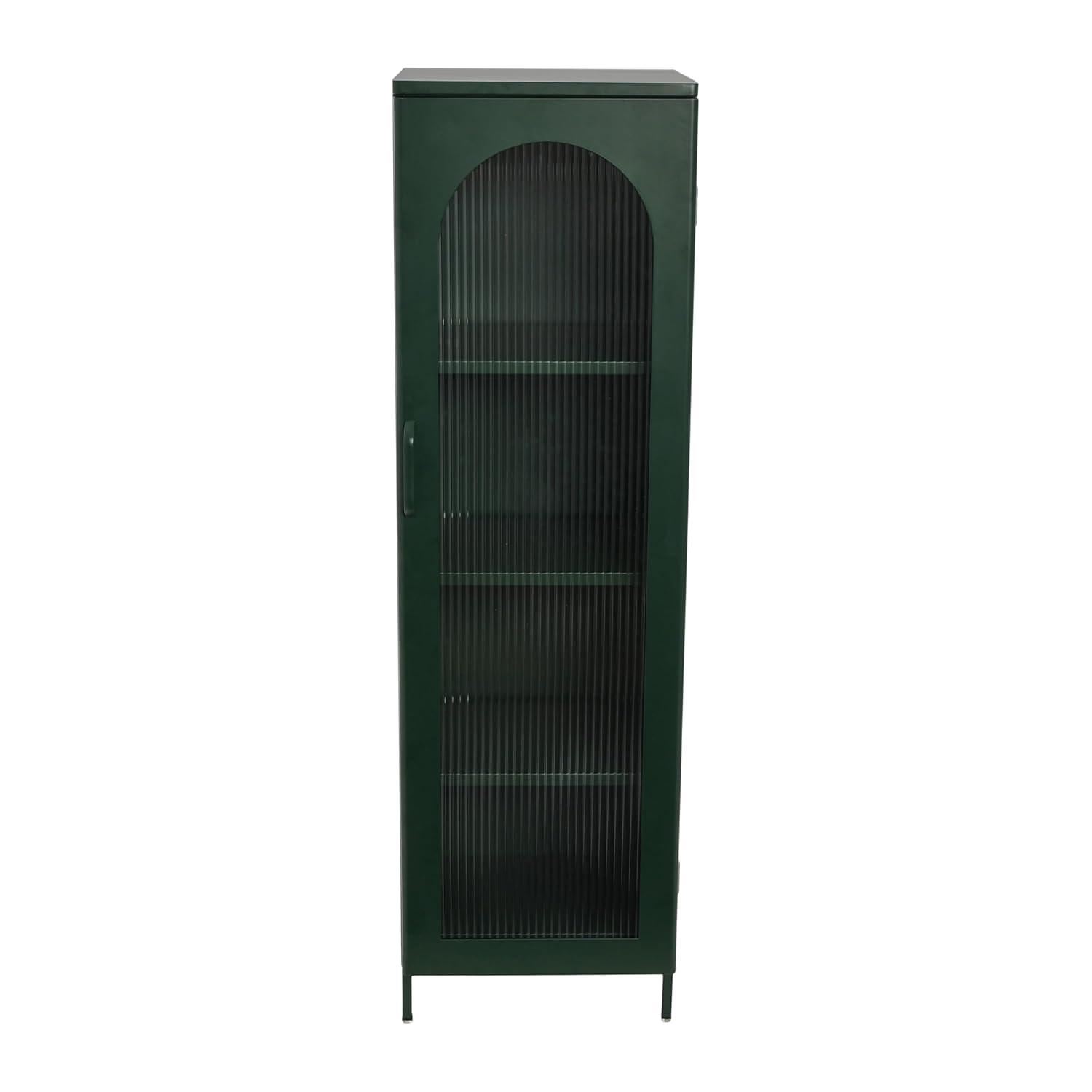 Storied Home Tall Metal Accent Cabinet: Arched Glass, 4 Shelves, Dark Green, 57" H