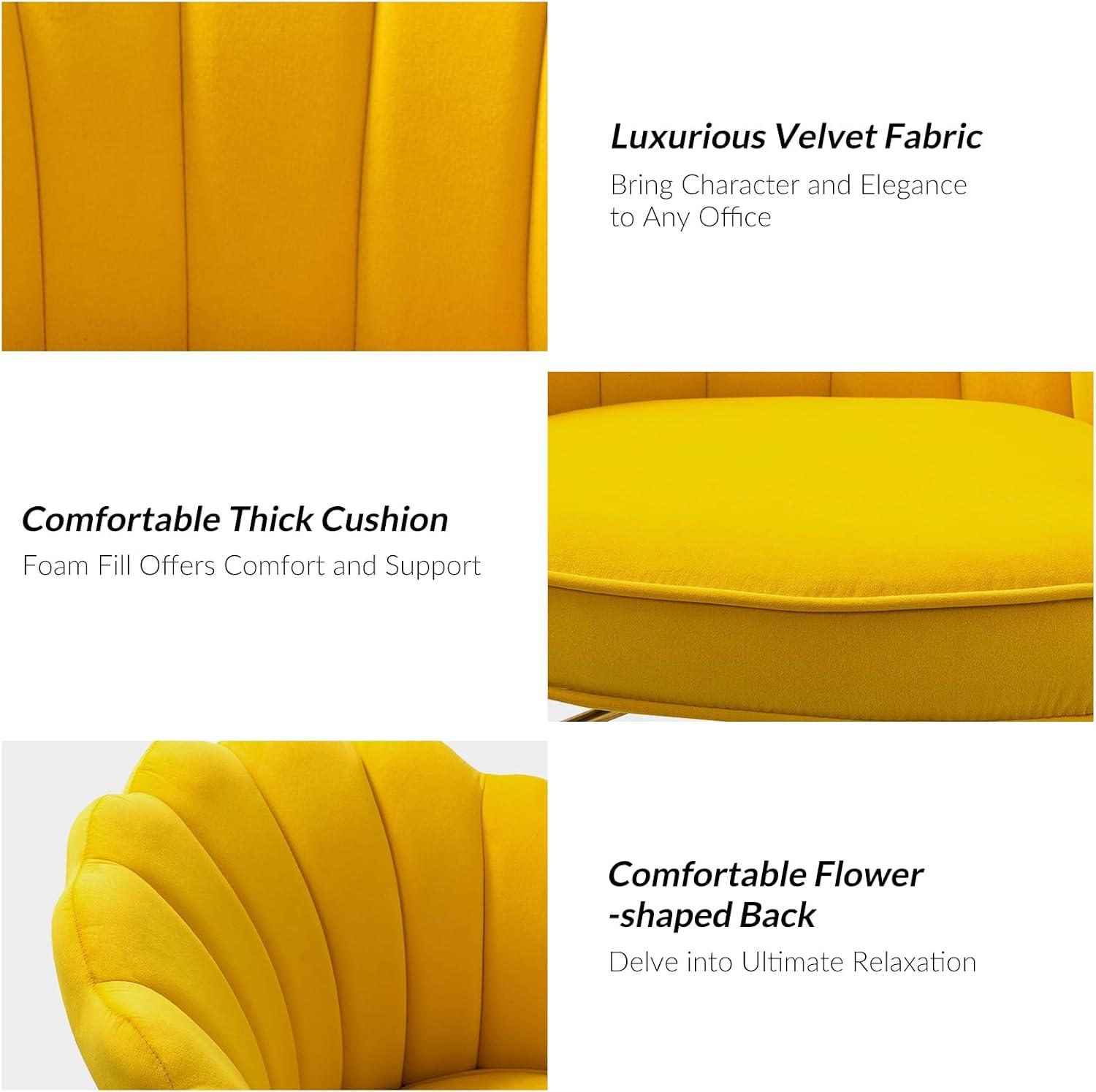 Yellow Velvet Swivel Task Chair with Gold Metal Base