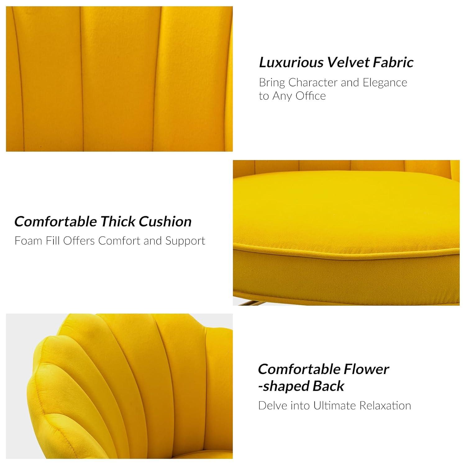 HULALA HOME Velvet Home Office Desk Chair, Modern Shell Back Makeup Vanity Chair with Wheels, Swivel Height Adjustable Cute Task Chair for Women Girls, Yellow