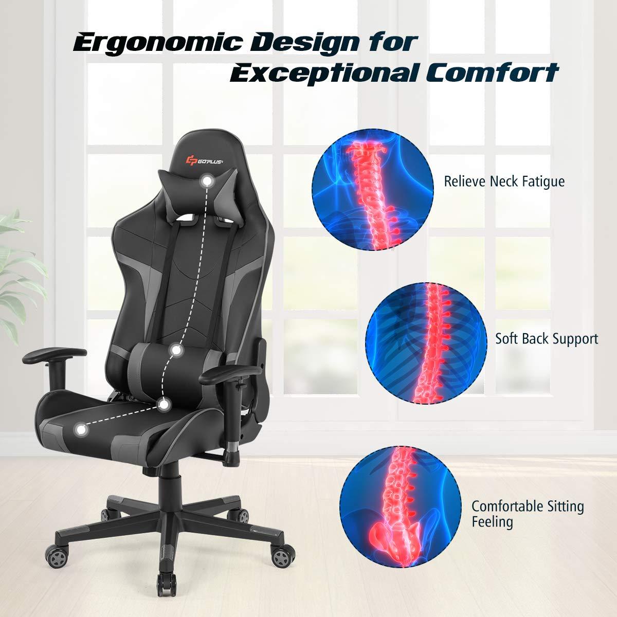 Costway Massage Gaming Chair Reclining Swivel Racing Office Chair w/Lumbar Support Grey