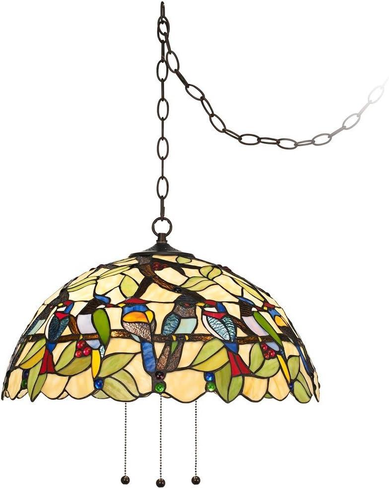 Robert Louis Tiffany Bronze Plug In Swag Pendant Chandelier 20" Wide Mission Garden Birds Stained Glass 3-Light Fixture for Dining Room Kitchen Island