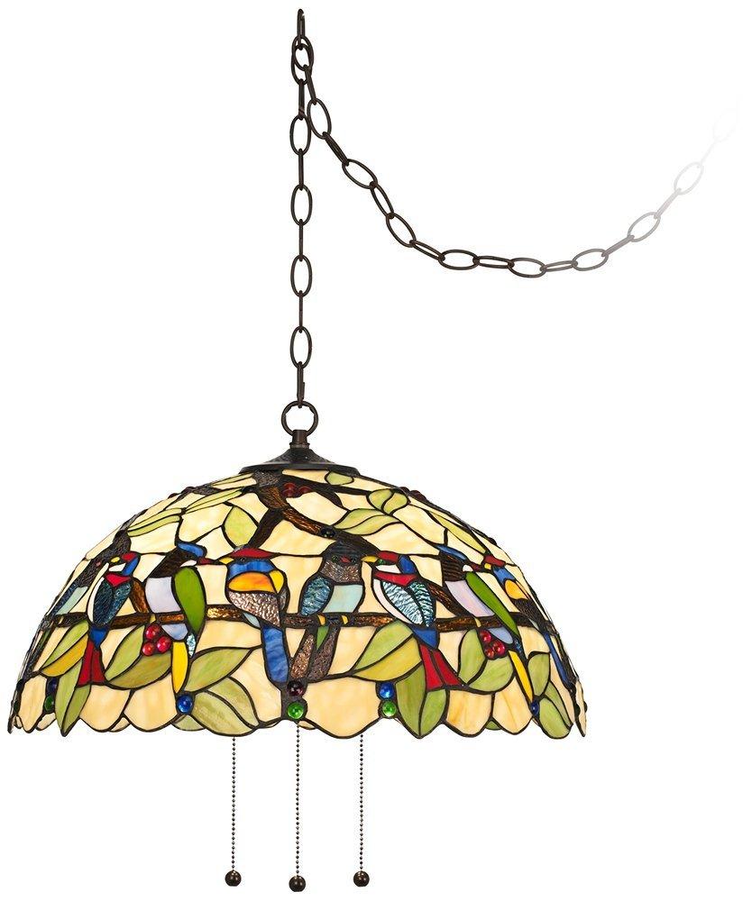 Robert Louis Tiffany Bronze Plug In Swag Pendant Chandelier 20" Wide Mission Garden Birds Stained Glass 3-Light Fixture for Dining Room Kitchen Island