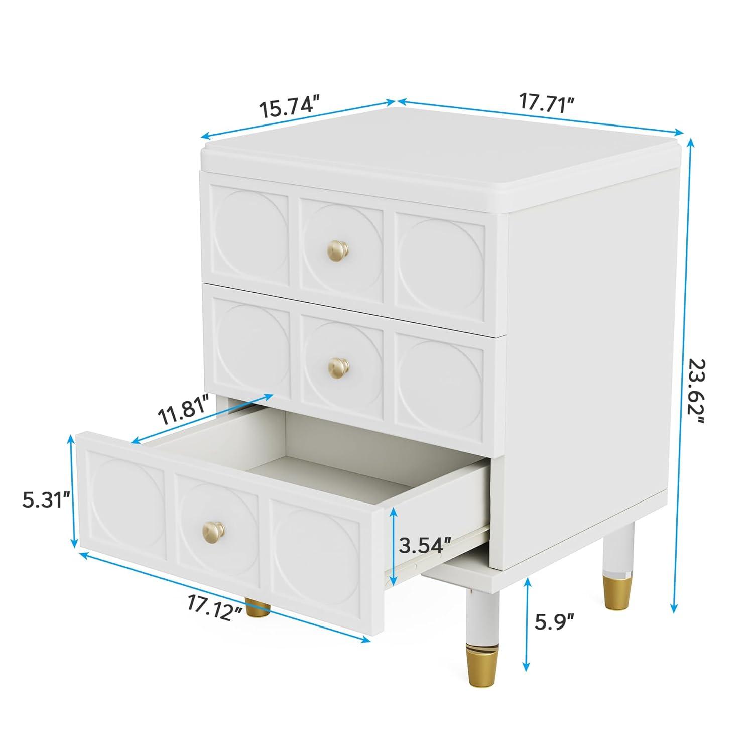 White Gold Nightstand Bedside Table with 3 Drawers White+Gold