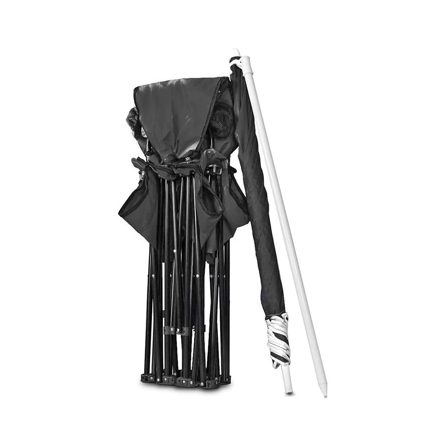 GoTeam Portable Double Folding Chair w/Removable Umbrella, Cooler Bag and Carry Case - Black