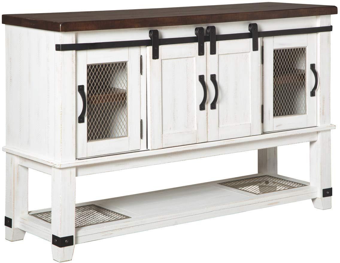 Signature Design by Ashley Valebeck Dining Server White/Brown/Beige: Rustic Farmhouse Sideboard with Adjustable Shelves