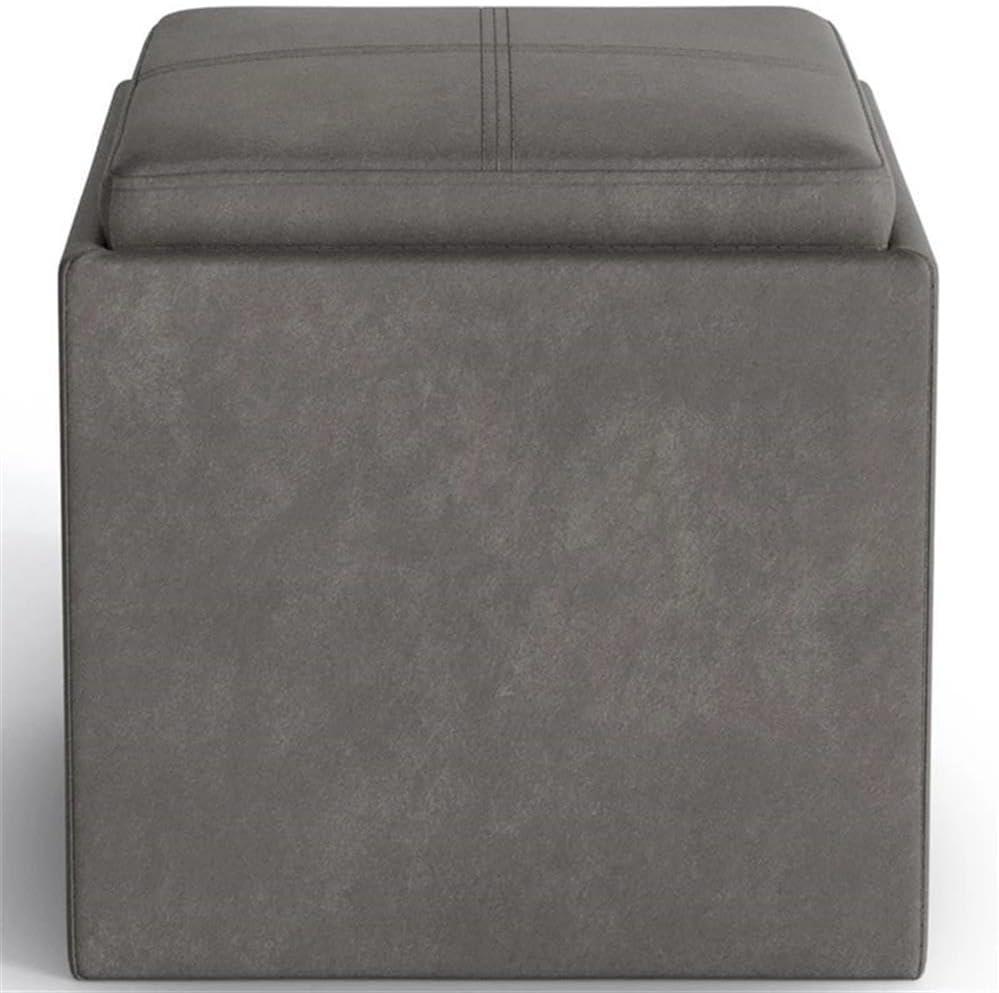 Simpli Home Rockwood Square Faux Leather Storage Ottoman With Tray in Slate Gray