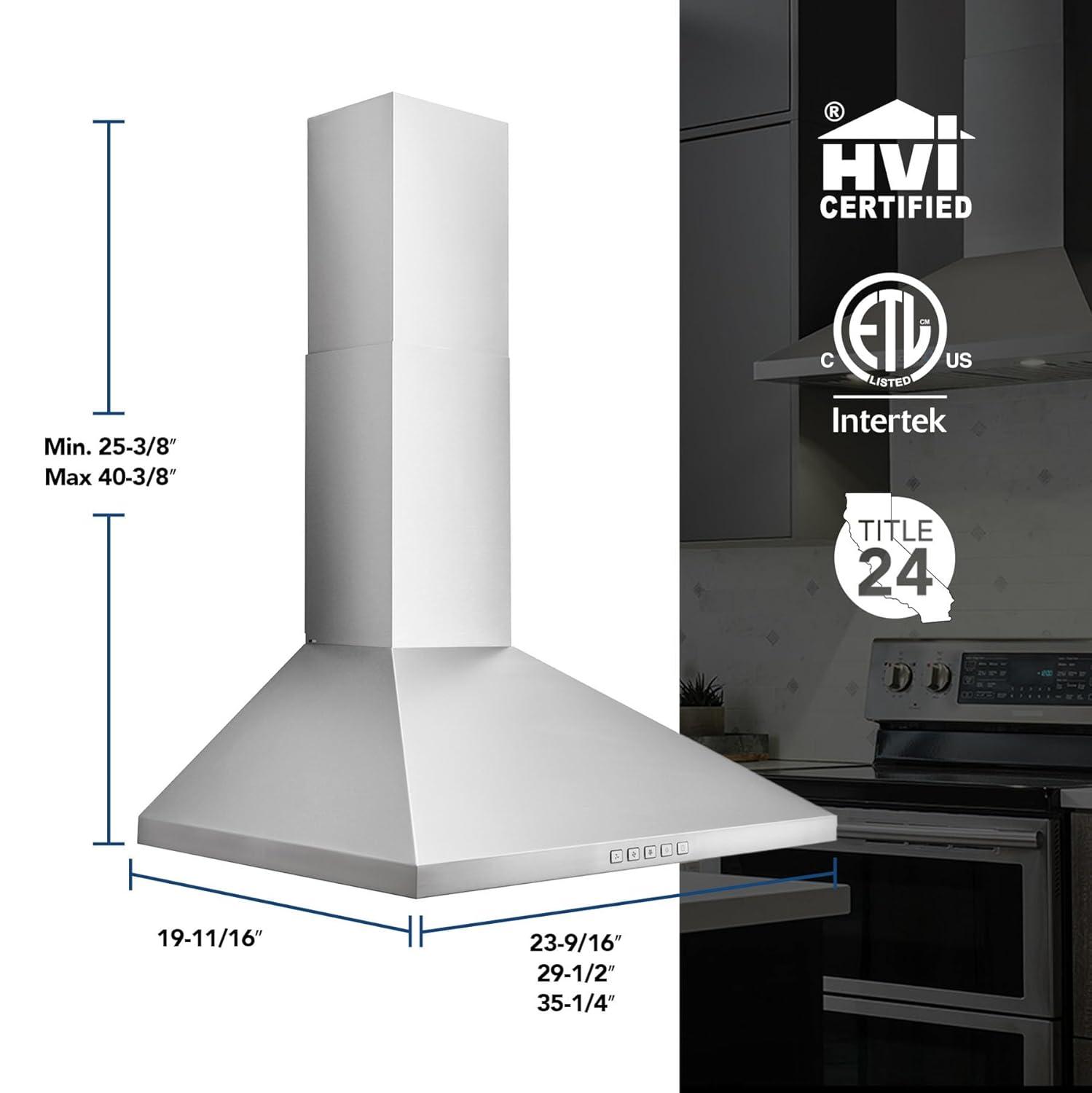 Broan-NuTone 24" Pyramidal Chimney Range Hood with LED Lighting, Convertible Wall-Mount Kitchen Chimney Vent Hood, 450 Max CFM, Stainless Steel