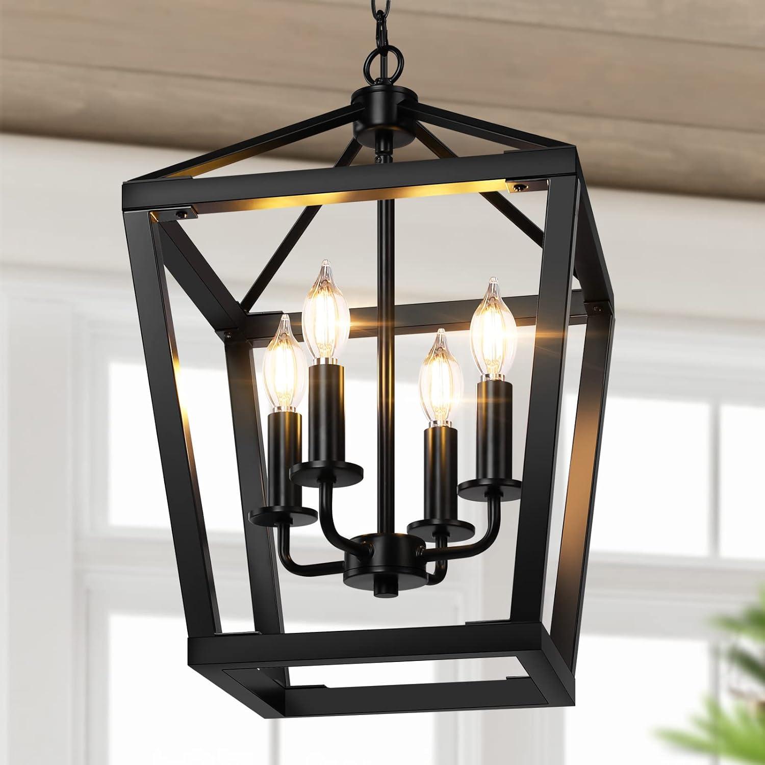 4 Light Chandelier, Industrial Ceiling Light Black Lantern Light Fixtures with Farmhouse Metal Cage Adjustable Height Rustic Geometric Hanging Light E12 Base for Kitchen Island, Entryway, Indoor