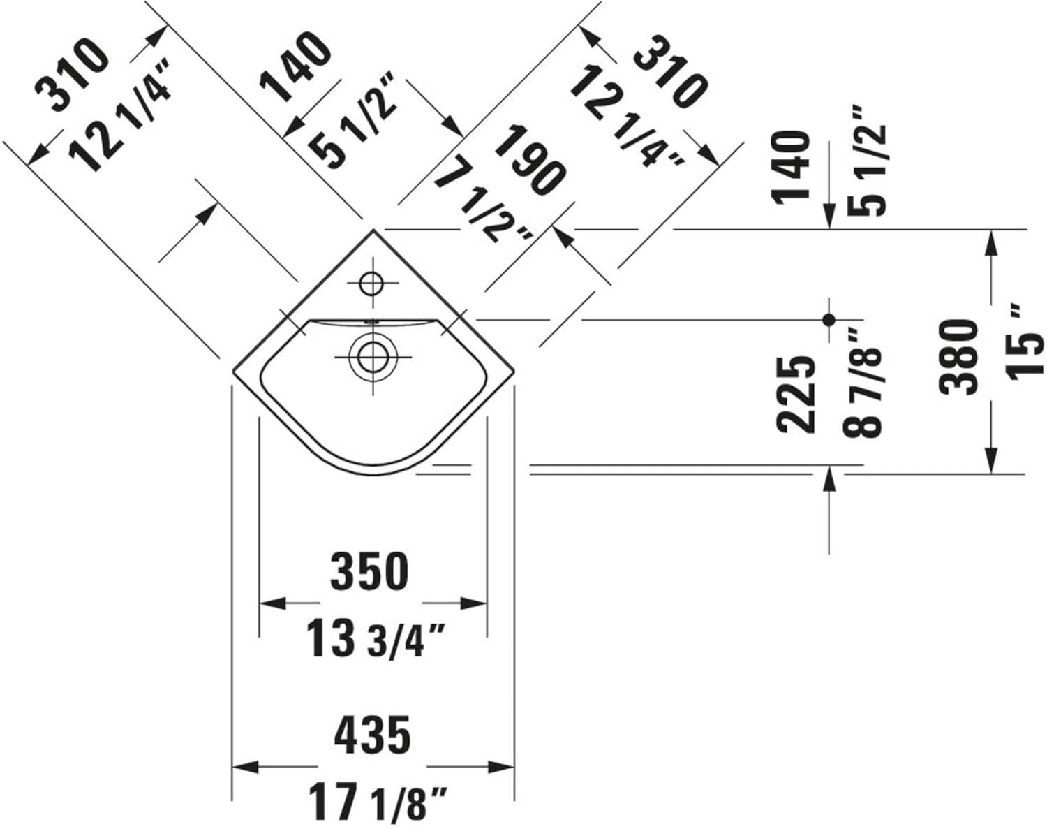 Duravit 072243 Me By Starck 13-3/4" Corner Lavatory Sink - White