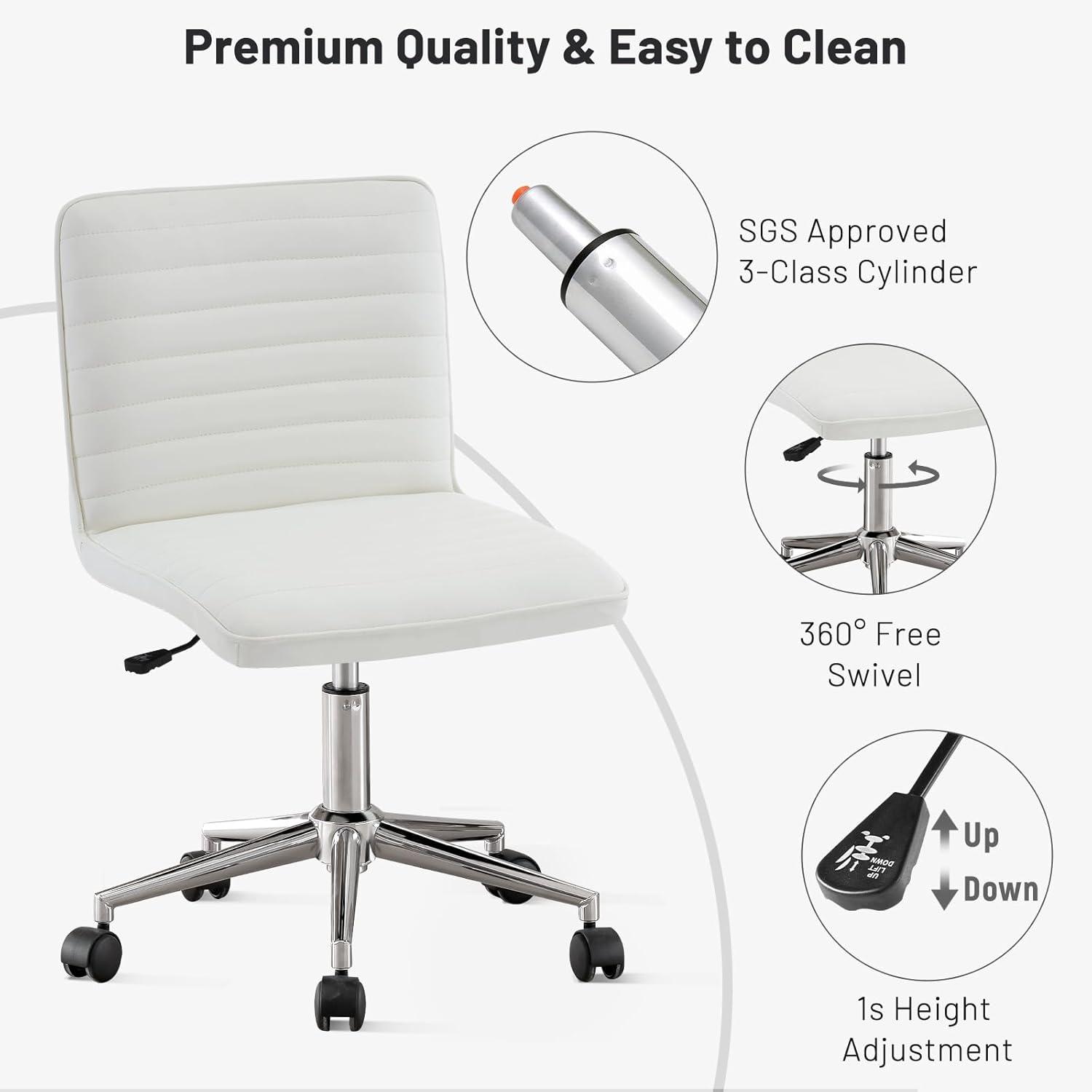 Furniliving Modern PU Leather Armless Office Chair Adjustable Swivel Office Desk Chair with Wheels Task Chair for Home Office, White