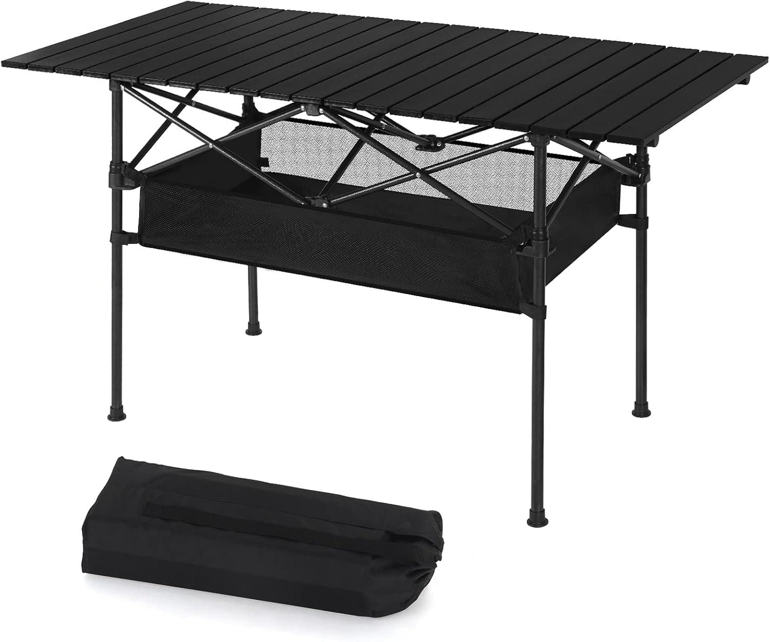 46.5" Black Aluminum Roll-Up Camping Table with Mesh Storage